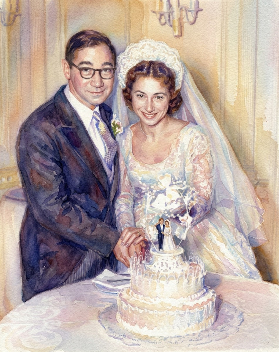 1953 wedding cake-cutting rendered in Renoir-style watercolor