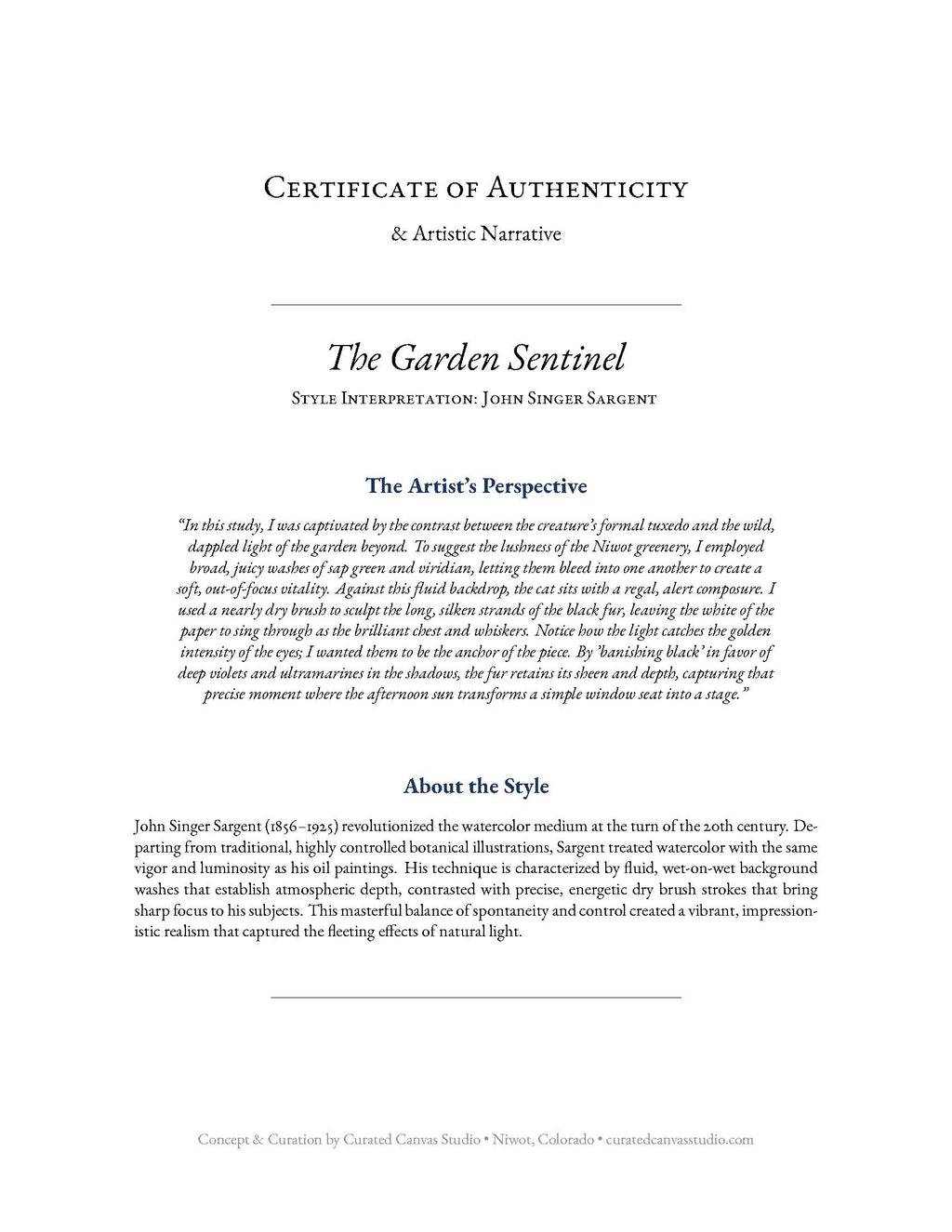 Certificate of Authenticity for 'The Garden Sentinel' by John Singer Sargent