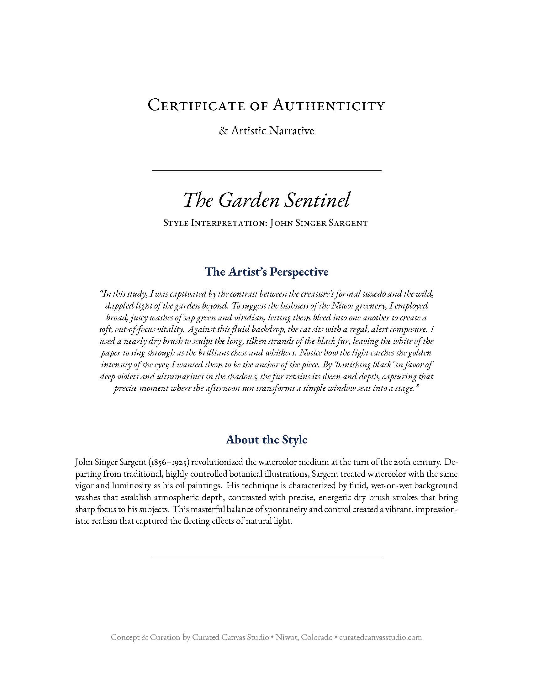 Certificate of Authenticity for 'The Garden Sentinel' by John Singer Sargent