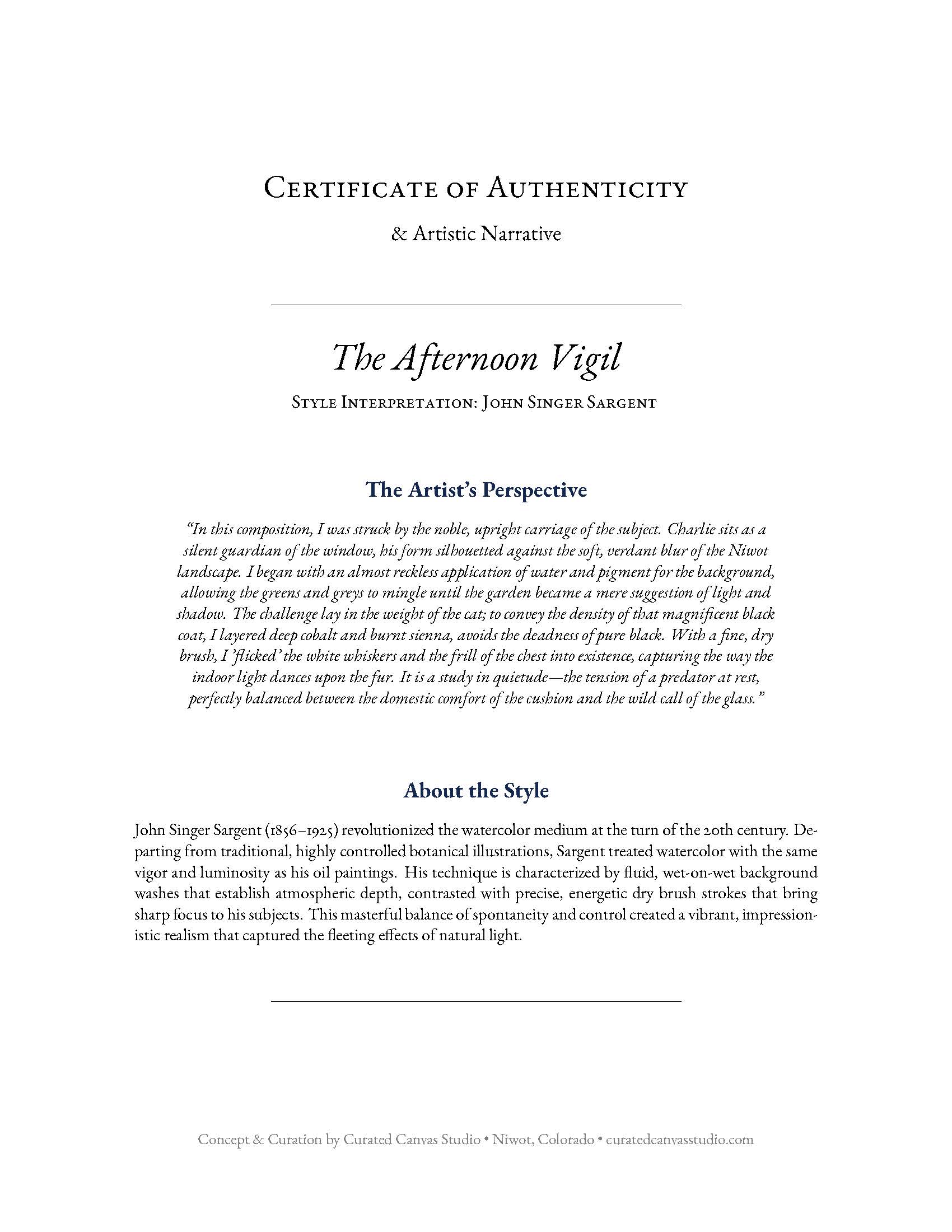 Certificate of Authenticity for 'The Afternoon Vigil' by John Singer Sargent with artistic narrative and style interpretation.