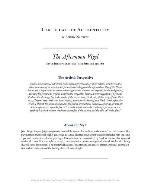 Certificate of Authenticity for 'The Afternoon Vigil' by John Singer Sargent with artistic narrative and style interpretation.