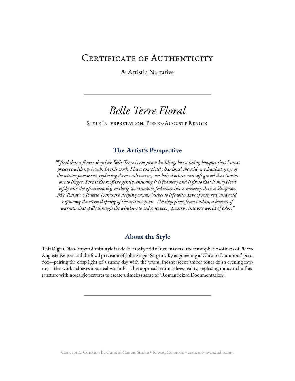 Certificate of Authenticity for Belle Terre Floral style interpretation by Pierre-Auguste Renoir on a white background.