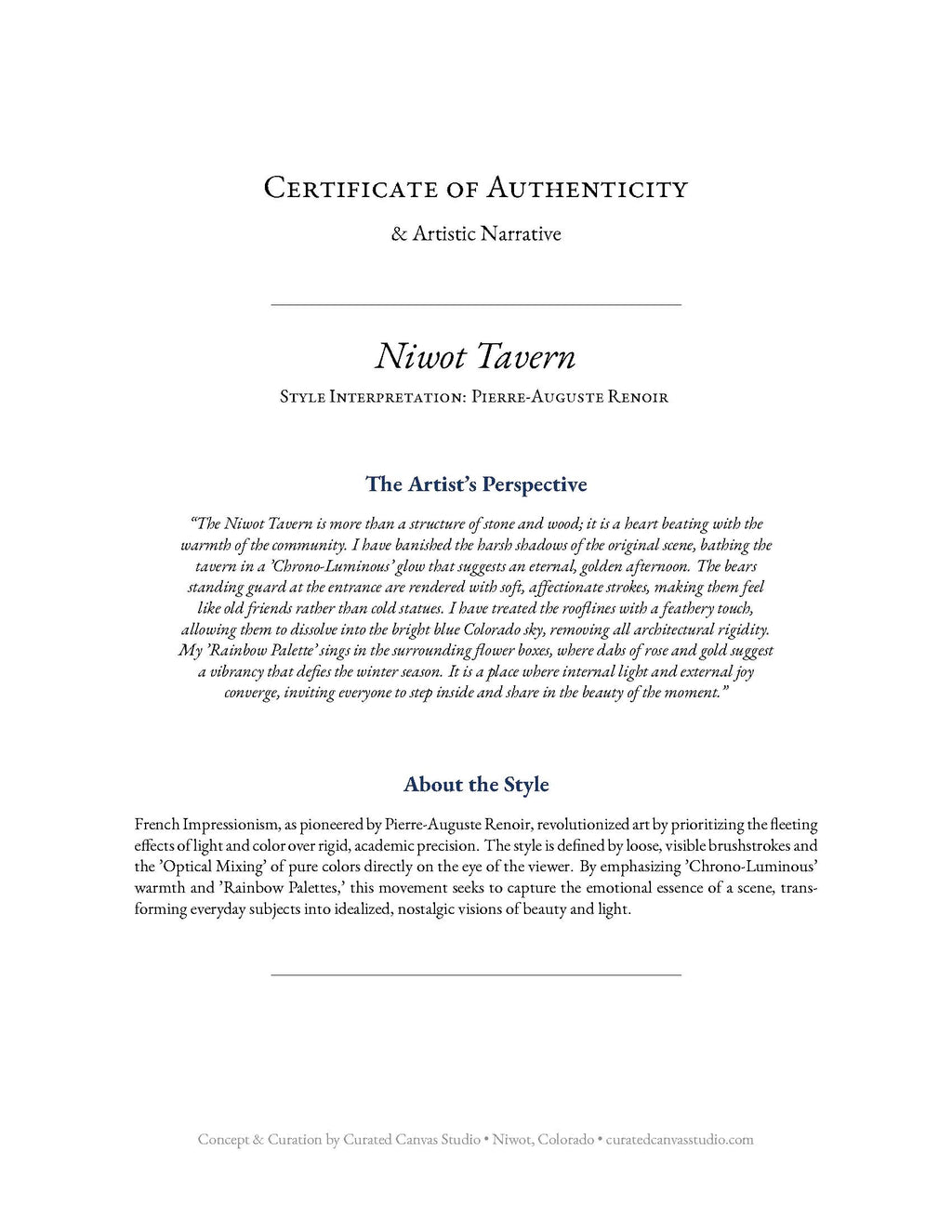 Certificate of Authenticity for 'Niwot Tavern' by Pierre-Auguste Renoir with artistic narrative text.