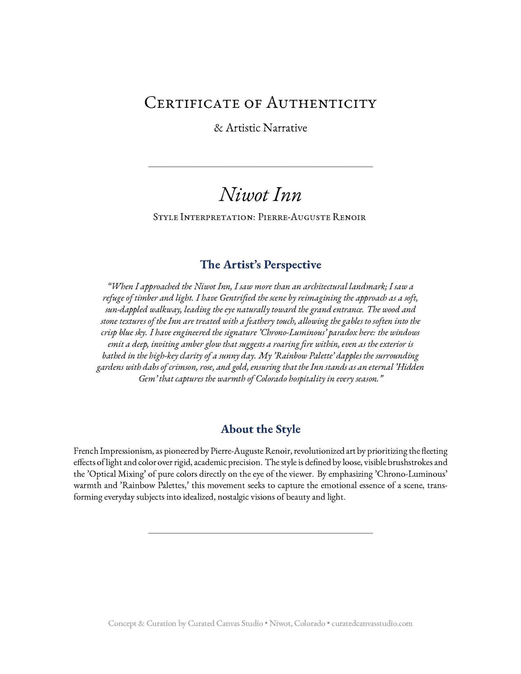 Certificate of Authenticity for Niwot Inn with artistic interpretation details.