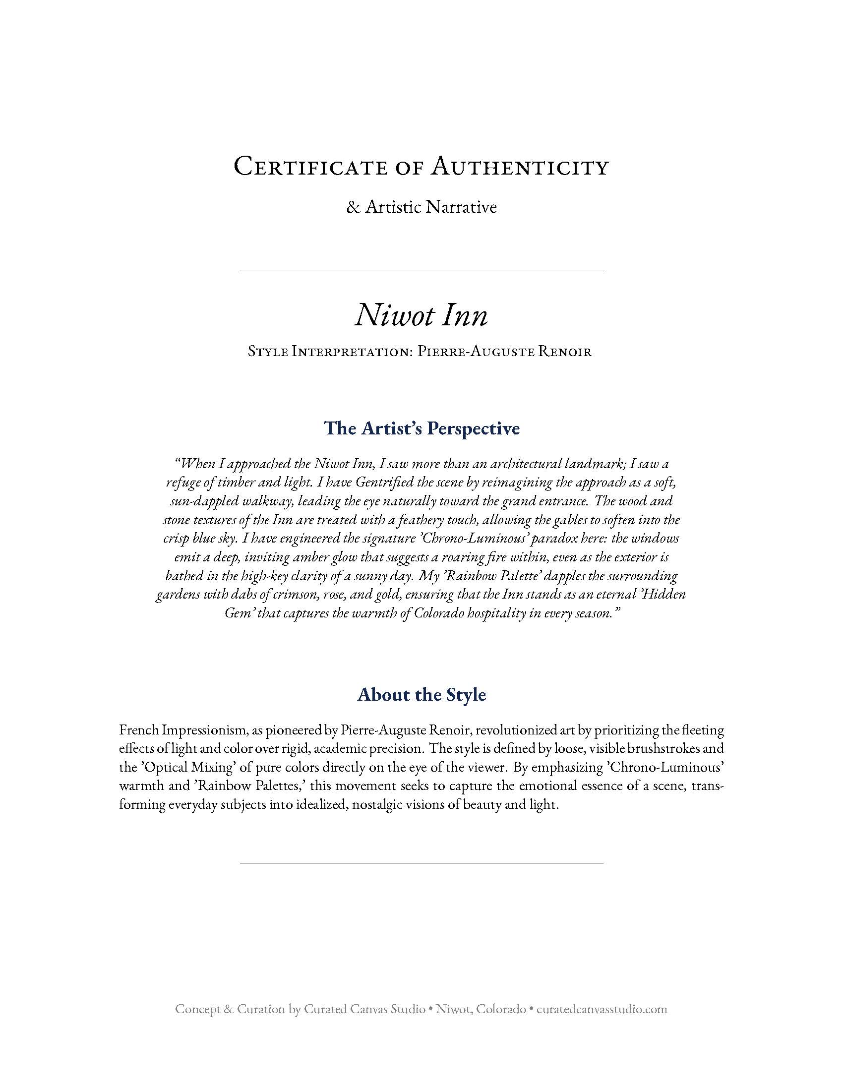 Certificate of Authenticity for Niwot Inn with artistic interpretation details.