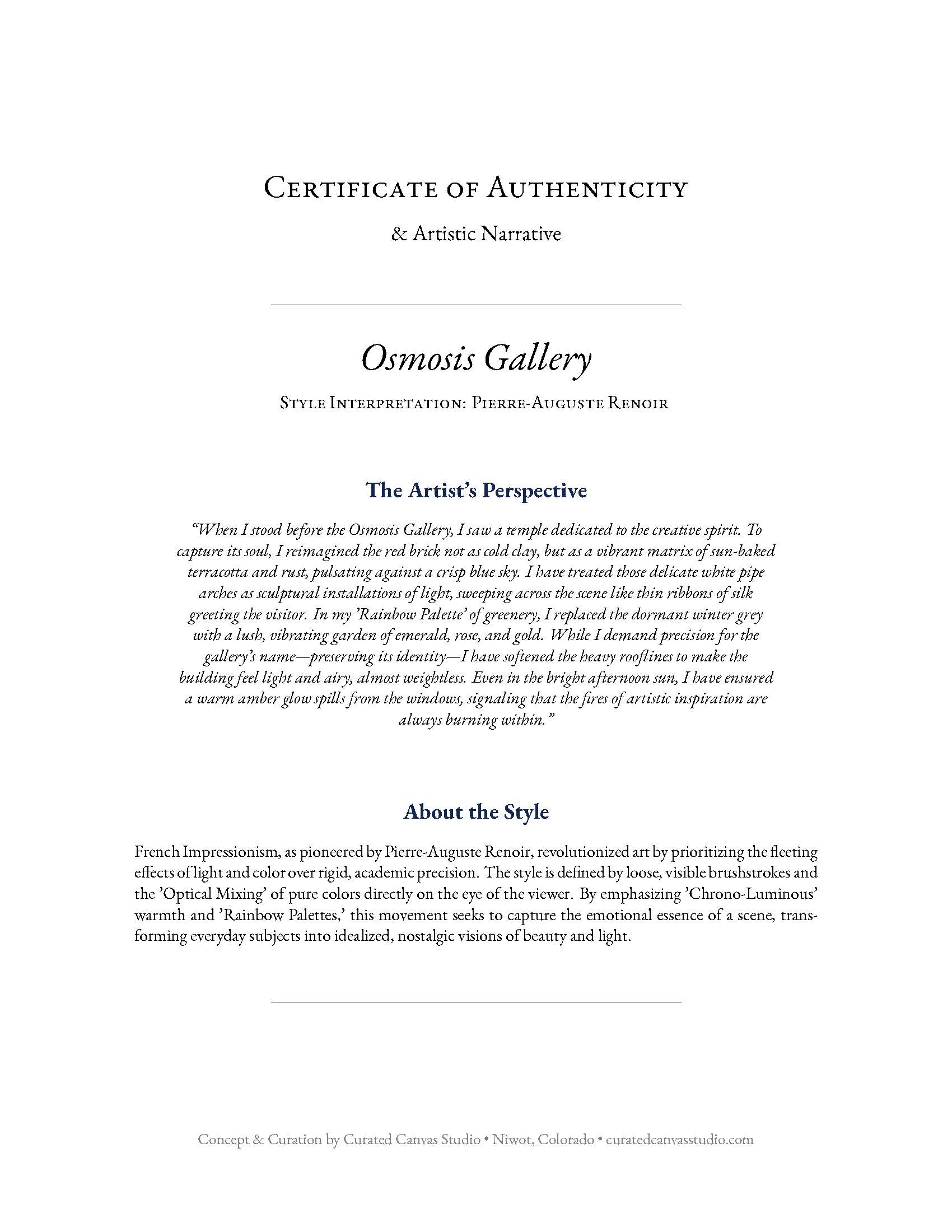 Certificate of Authenticity from Osmosis Gallery with text about Pierre-Auguste Renoir's style.