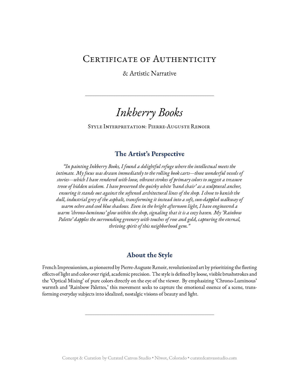 Certificate of Authenticity for Inkberry Books with artistic narrative and style interpretation.