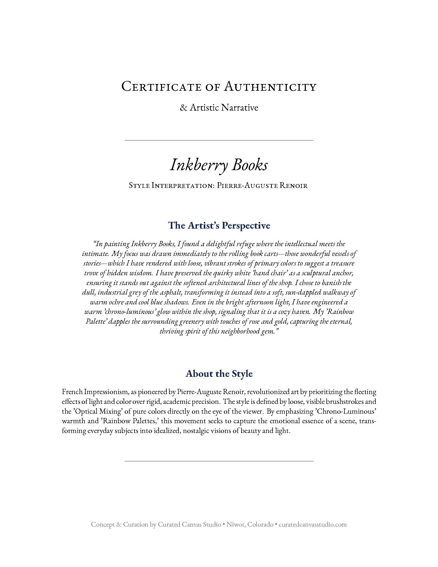 Certificate of Authenticity for Inkberry Books with artistic narrative and style interpretation.