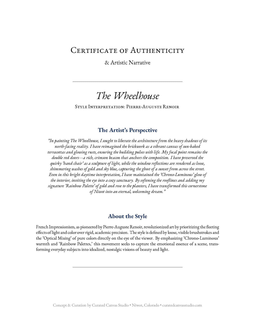 Certificate of Authenticity for 'The Wheelhouse' with artistic interpretation and narrative.