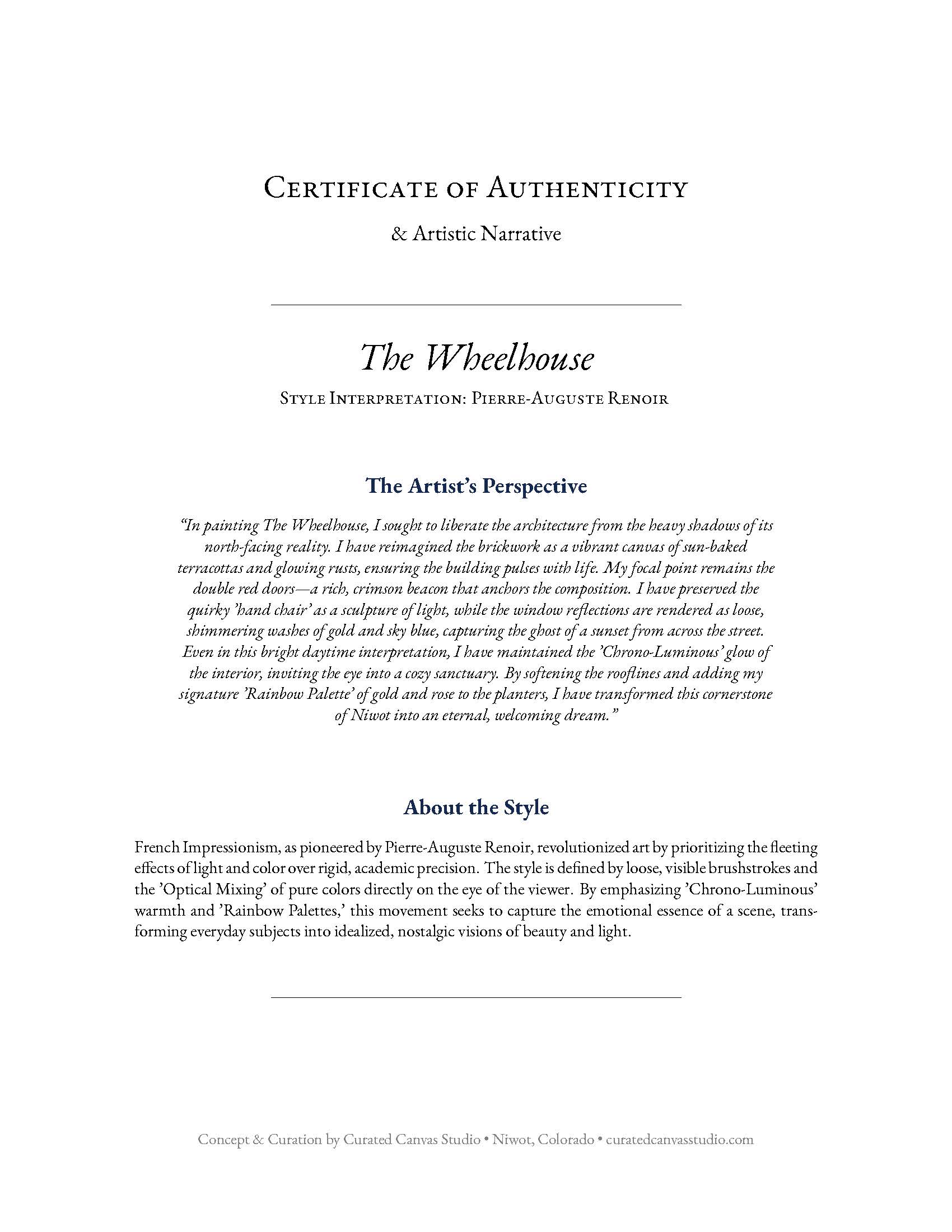 Certificate of Authenticity for 'The Wheelhouse' with artistic interpretation and narrative.