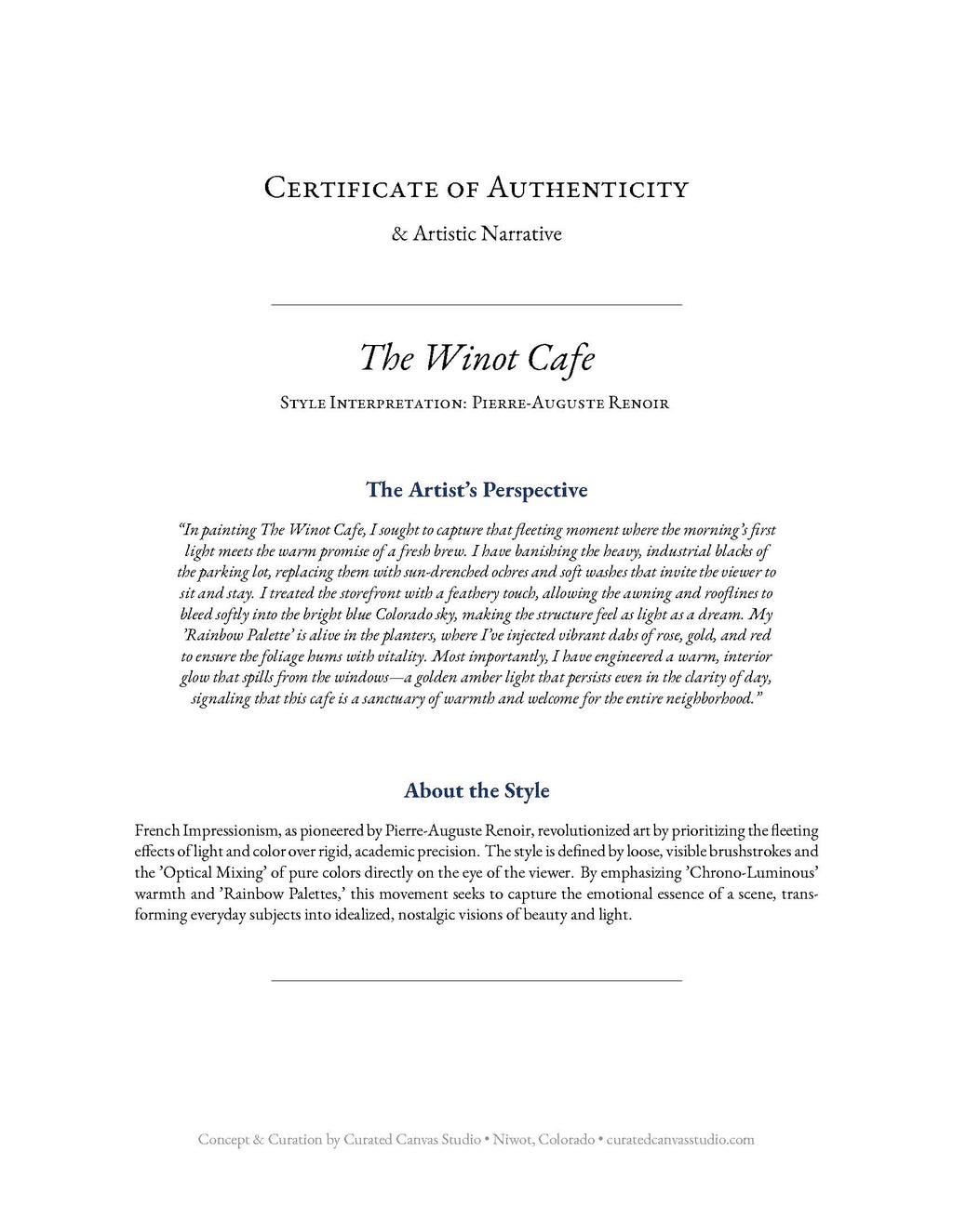 Certificate of Authenticity for 'The Winot Cafe' with artistic narrative and style interpretation.