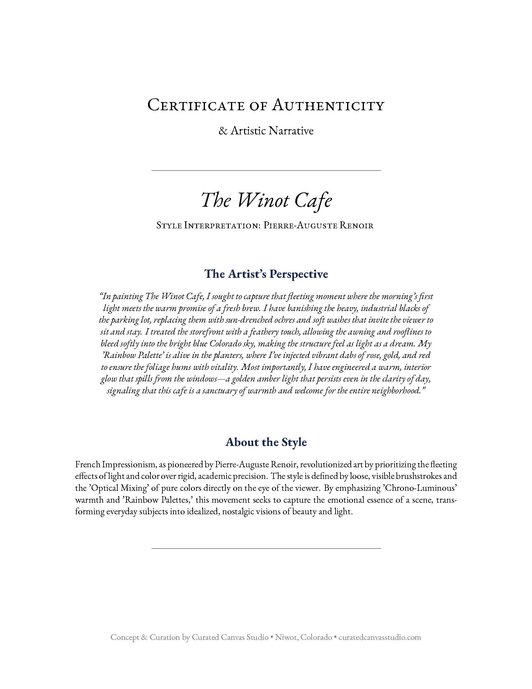 Certificate of Authenticity for 'The Winot Cafe' with artistic narrative and style interpretation.