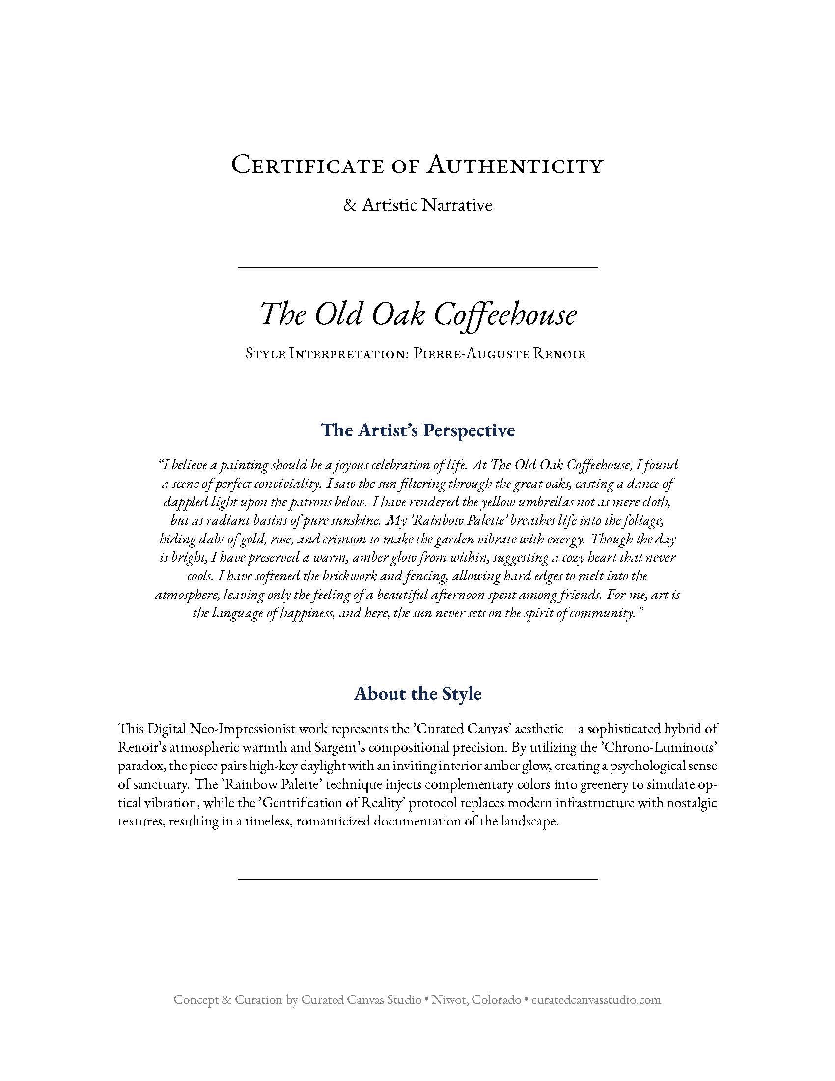 Certificate of Authenticity for 'The Old Oak Coffeehouse' with artistic narrative and description.