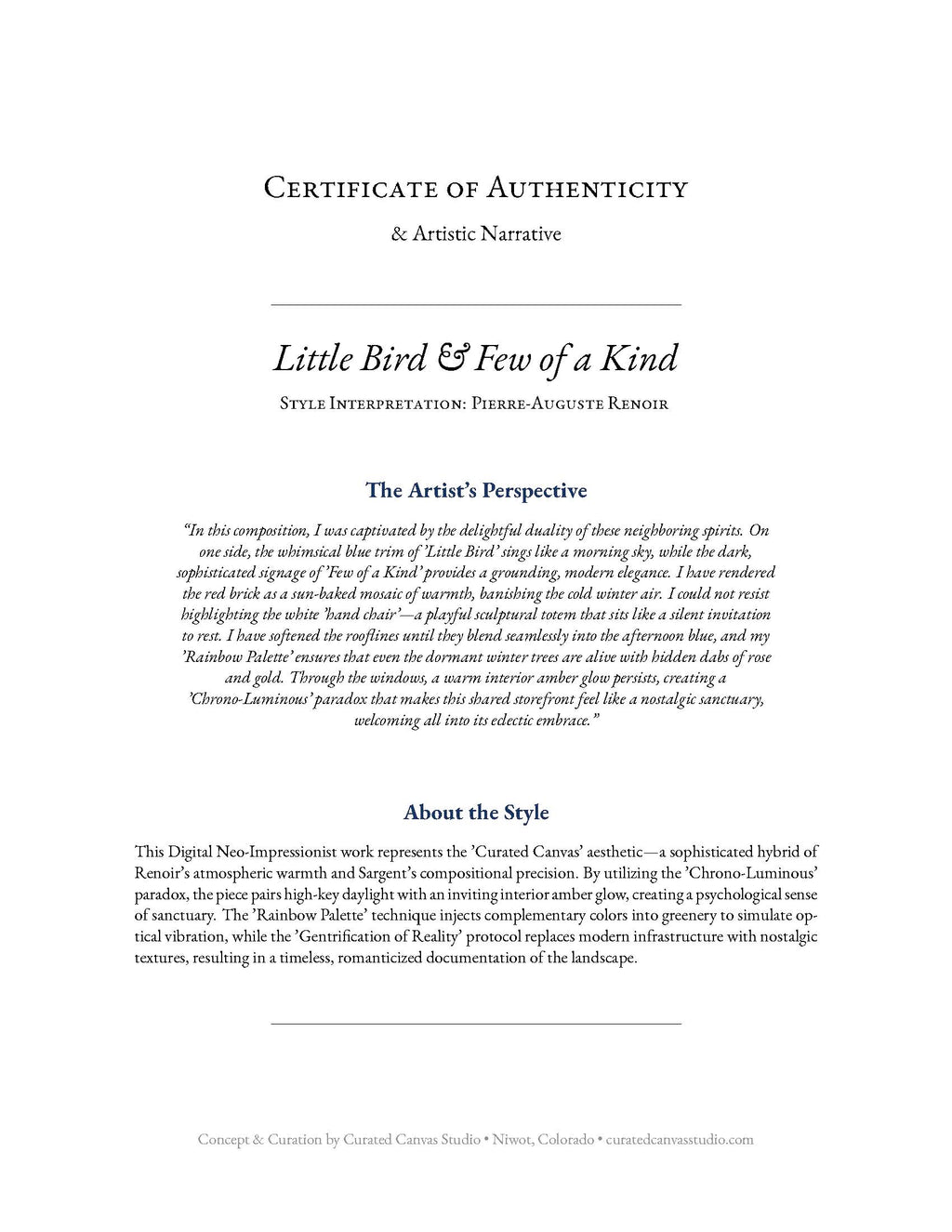 Certificate of Authenticity for a style interpretation by Pierre-Auguste Renoir titled 'Little Bird & Few of a Kind'.