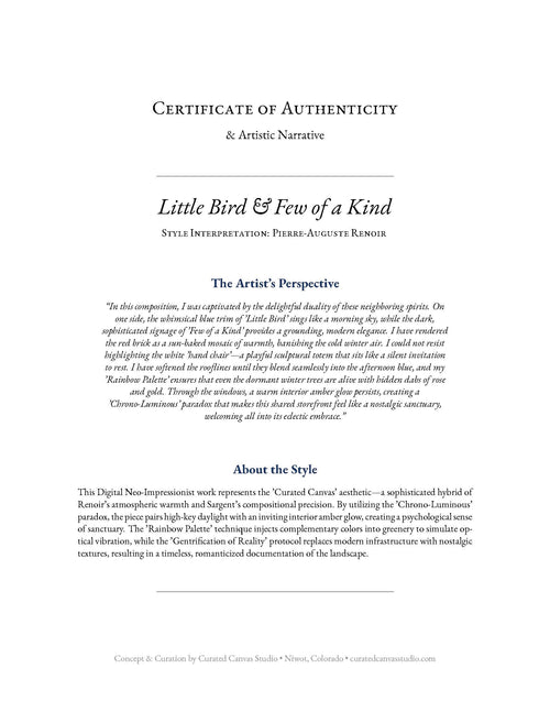 Certificate of Authenticity for a style interpretation by Pierre-Auguste Renoir titled 'Little Bird & Few of a Kind'.