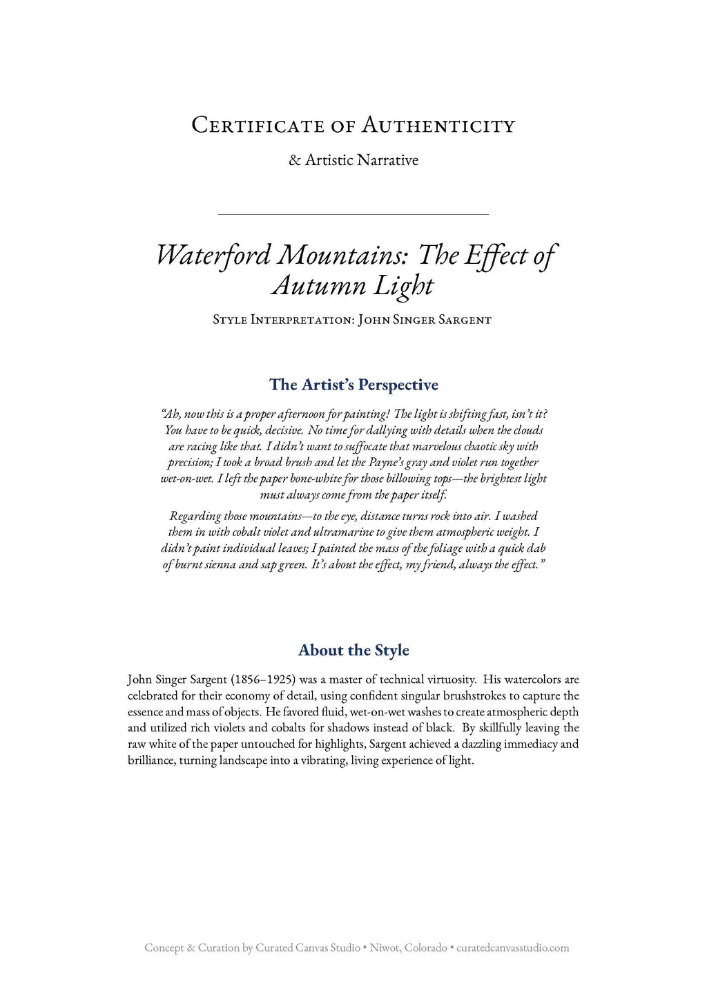 Certificate of Authenticity for a painting titled 'Waterford Mountains: The Effect of Autumn Light' by John Singer Sargent.