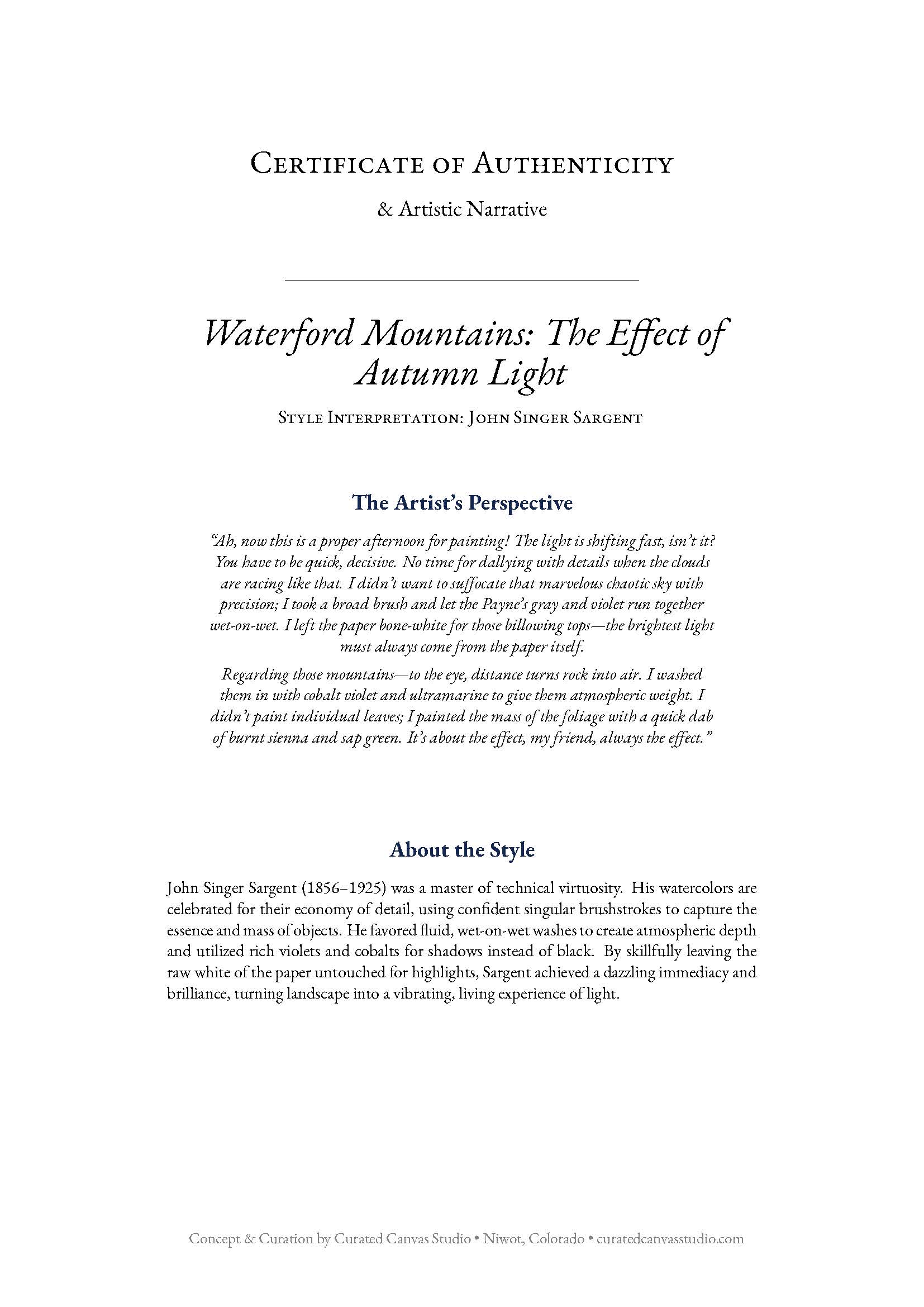 Certificate of Authenticity for a painting titled 'Waterford Mountains: The Effect of Autumn Light' by John Singer Sargent.