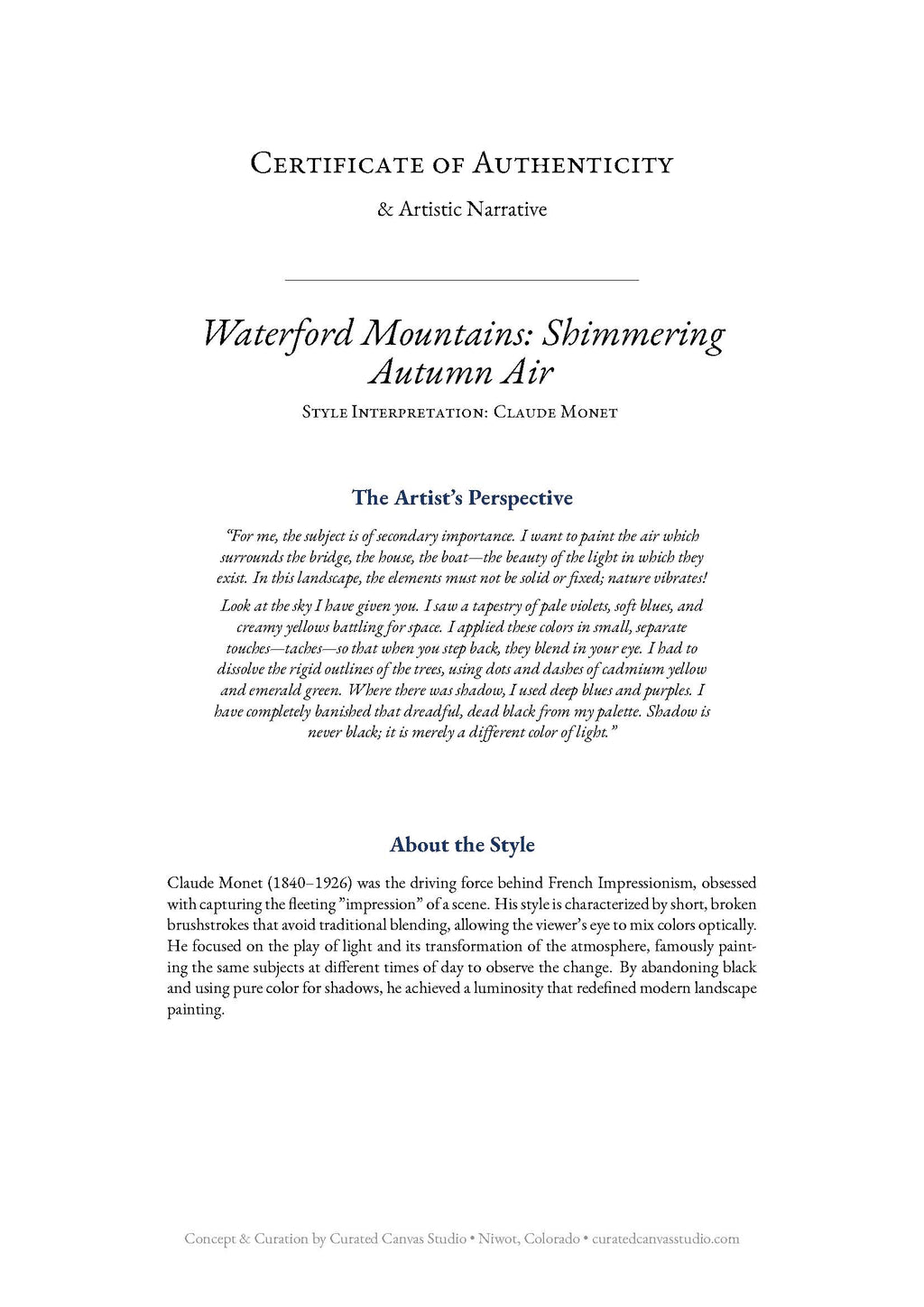 Certificate of Authenticity for a painting titled 'Waterford Mountains: Shimmering Autumn Air' by Claude Monet.