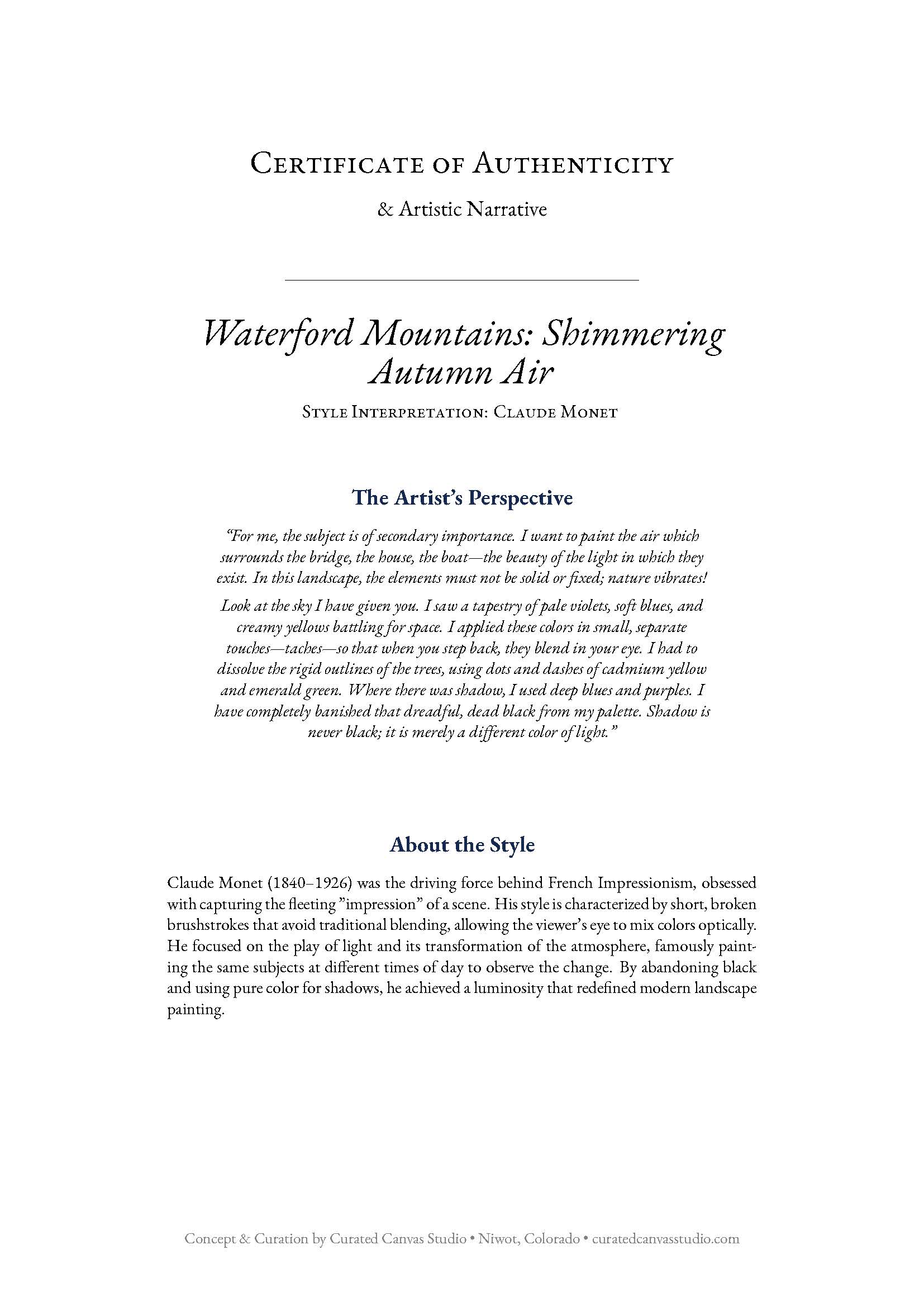 Certificate of Authenticity for a painting titled 'Waterford Mountains: Shimmering Autumn Air' by Claude Monet.