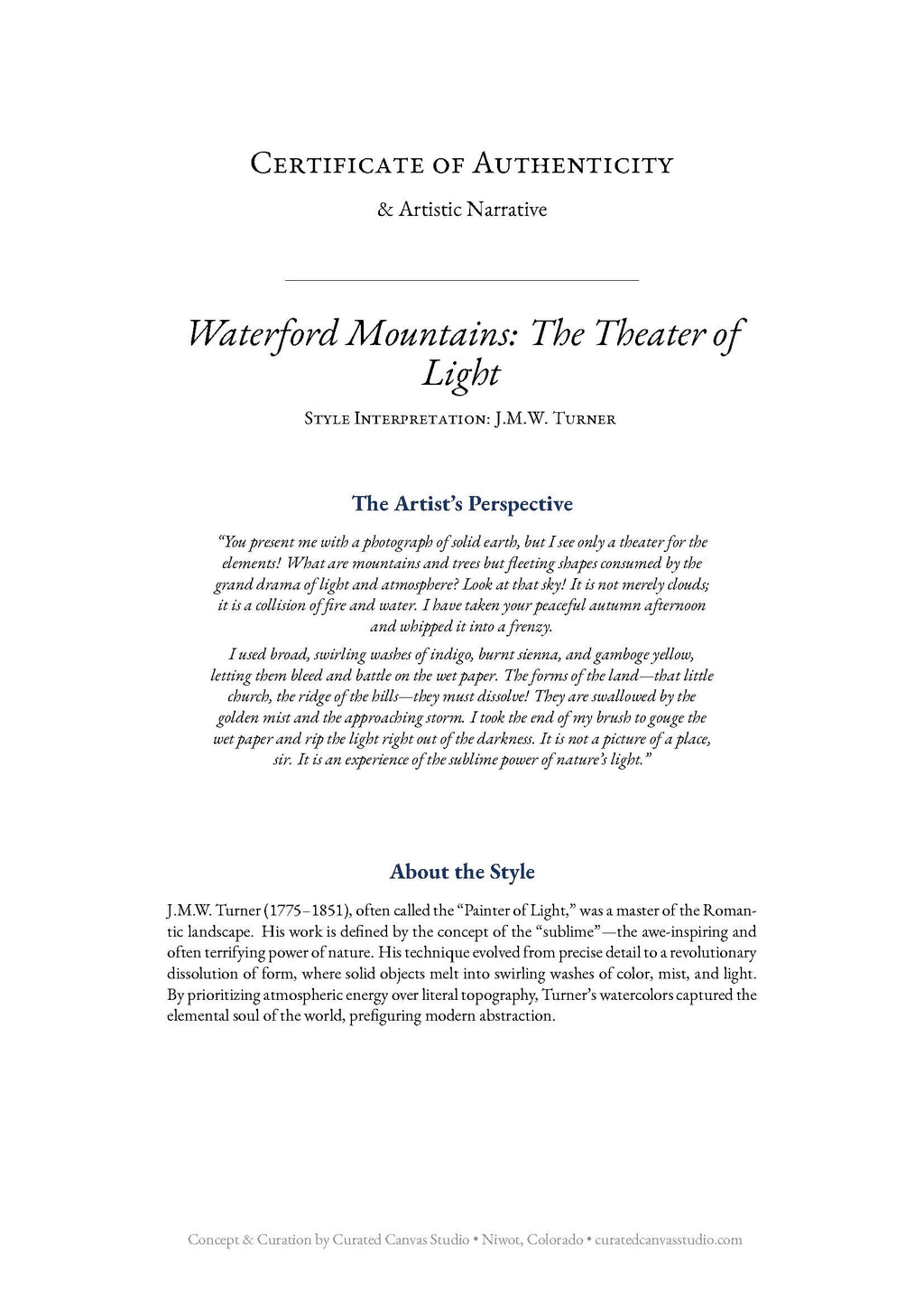 Certificate of Authenticity for 'Waterford Mountains: The Theater of Light' by J.M.W. Turner