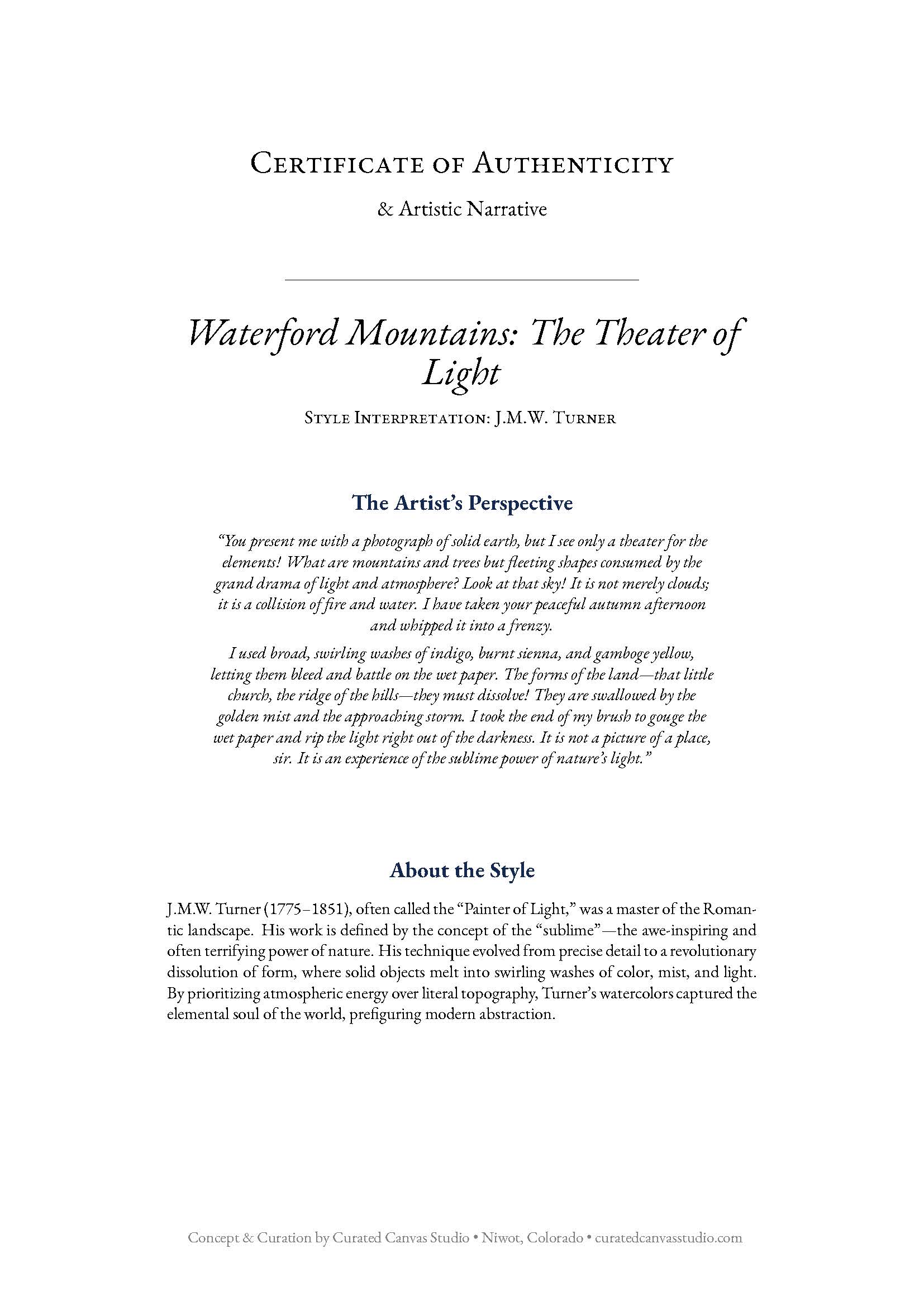 Certificate of Authenticity for 'Waterford Mountains: The Theater of Light' by J.M.W. Turner