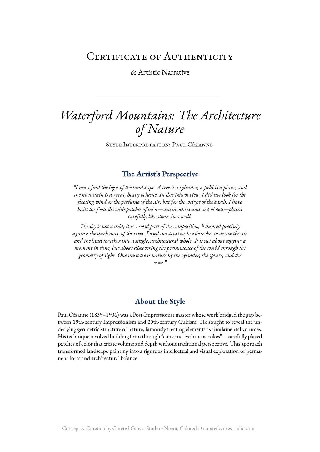 Certificate of Authenticity for 'Waterford Mountains: The Architecture of Nature' by Paul Cézanne