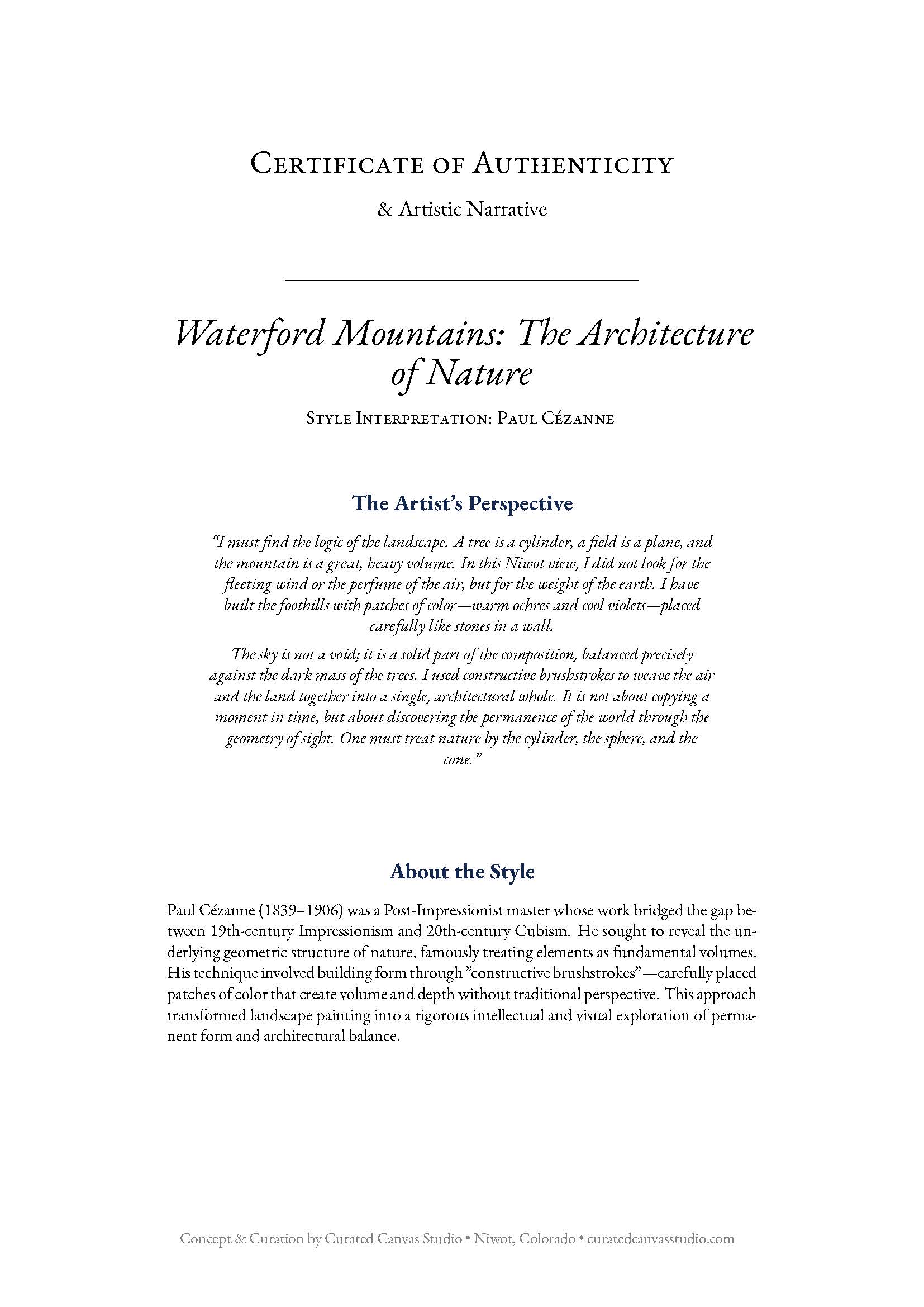 Certificate of Authenticity for 'Waterford Mountains: The Architecture of Nature' by Paul Cézanne