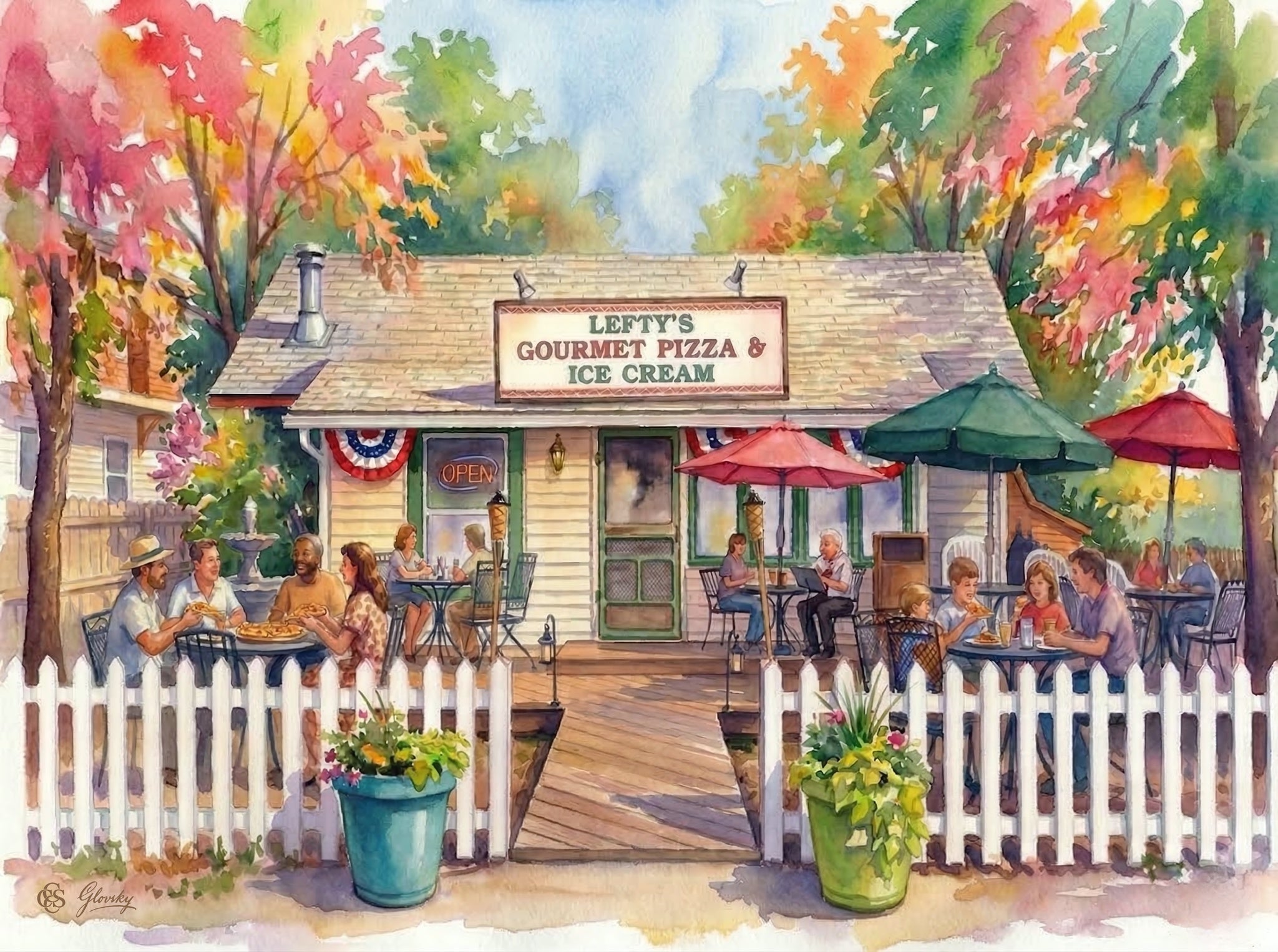 A vibrant Renoir-style watercolor of Lefty's Pizza in Niwot, featuring a white picket fence, sun-drenched 'Rainbow Palette' trees, and diners under colorful umbrellas.