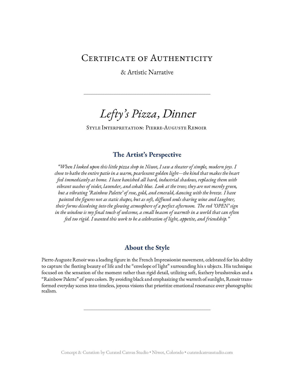 Lefty's Pizza, Dinner