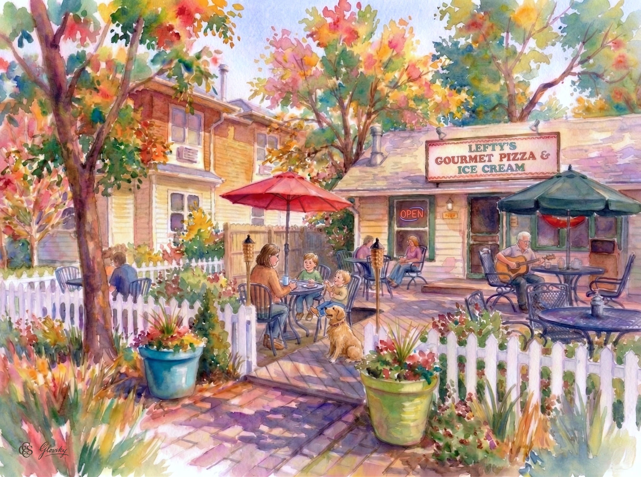 A vibrant Renoir-style watercolor of Lefty's Pizza in Niwot, featuring a white picket fence, sun-drenched 'Rainbow Palette' trees, a musician, and people sitting at tables under umbrellas.