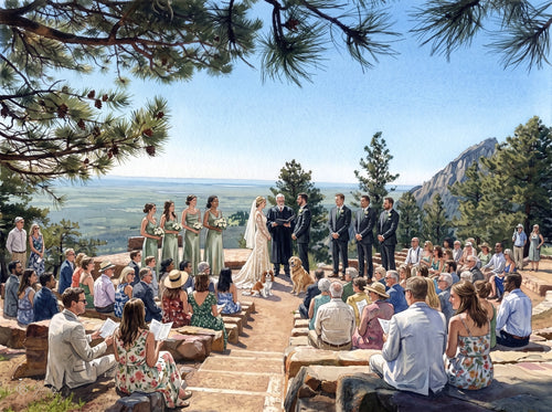 A Sargent-style watercolor of a wedding ceremony at the Sunrise Amphitheater on Flagstaff Mountain, Boulder, Colorado, featuring a sage-gowned bridal party set against sweeping Front Range views and warm sandstone terraces.