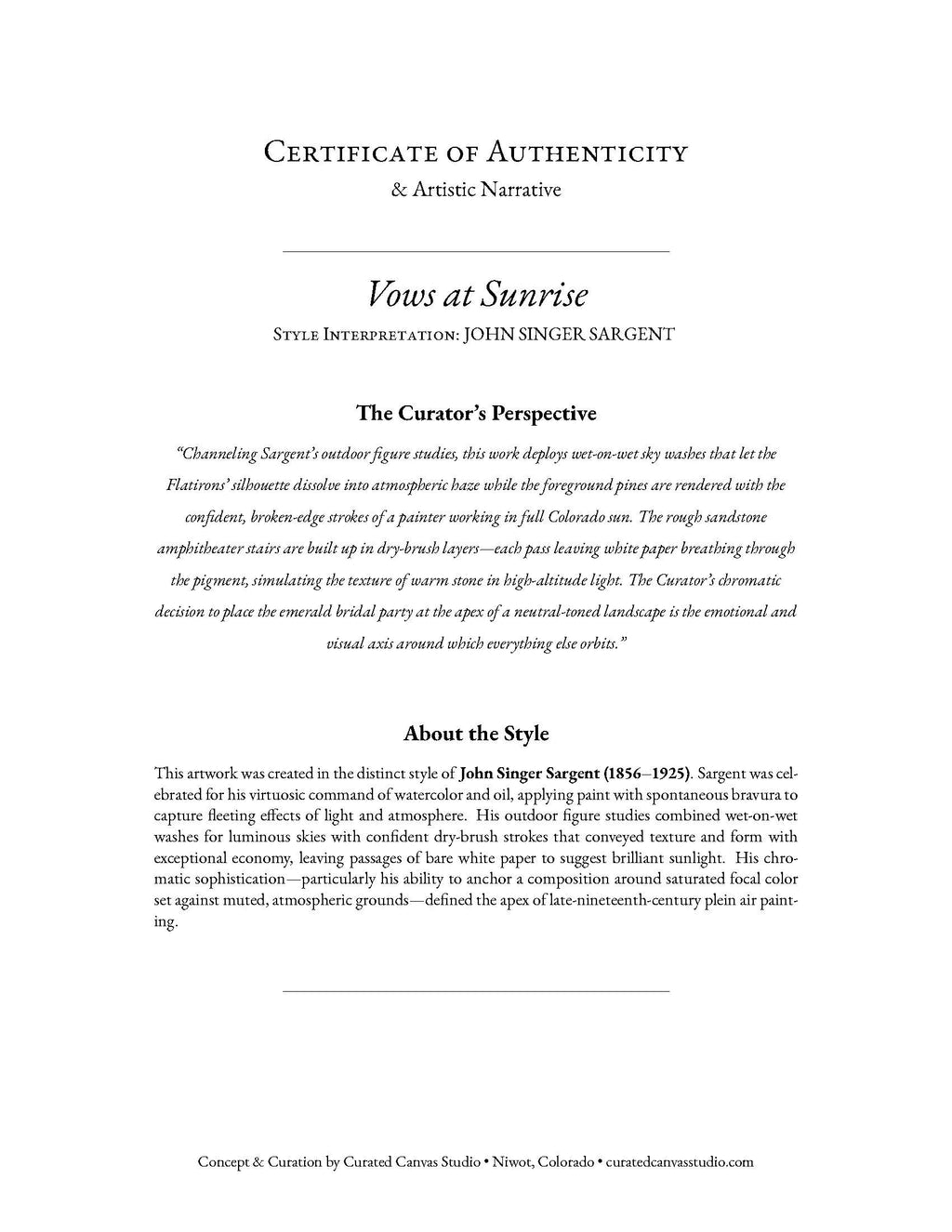 Certificate of Authenticity and Artistic Narrative for a painting by John Singer Sargent titled 'Vows at Sunrise'.