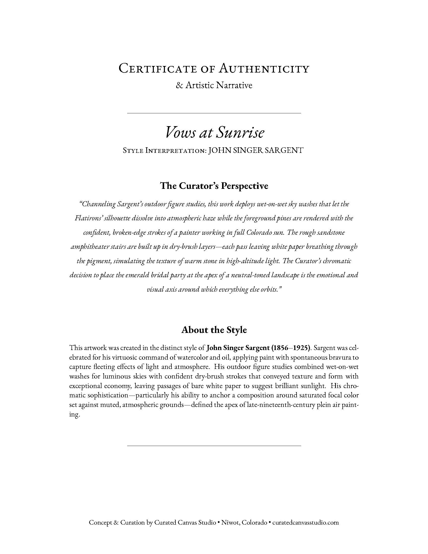 Certificate of Authenticity and Artistic Narrative for a painting by John Singer Sargent titled 'Vows at Sunrise'.