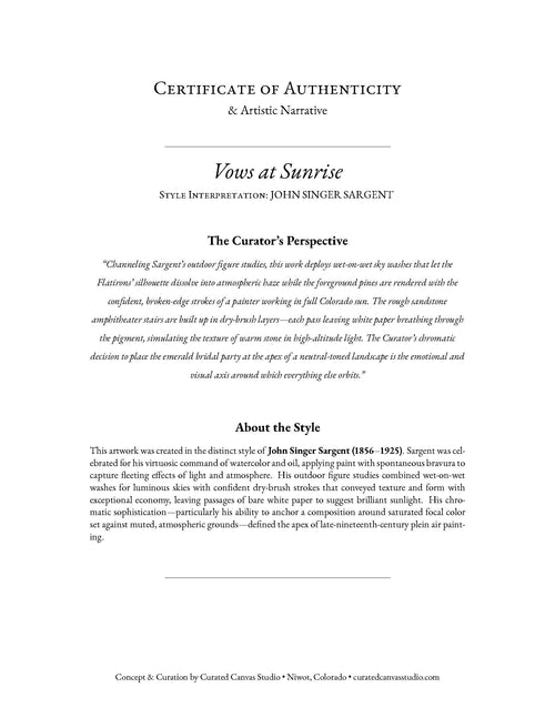 Certificate of Authenticity and Artistic Narrative for a painting by John Singer Sargent titled 'Vows at Sunrise'.
