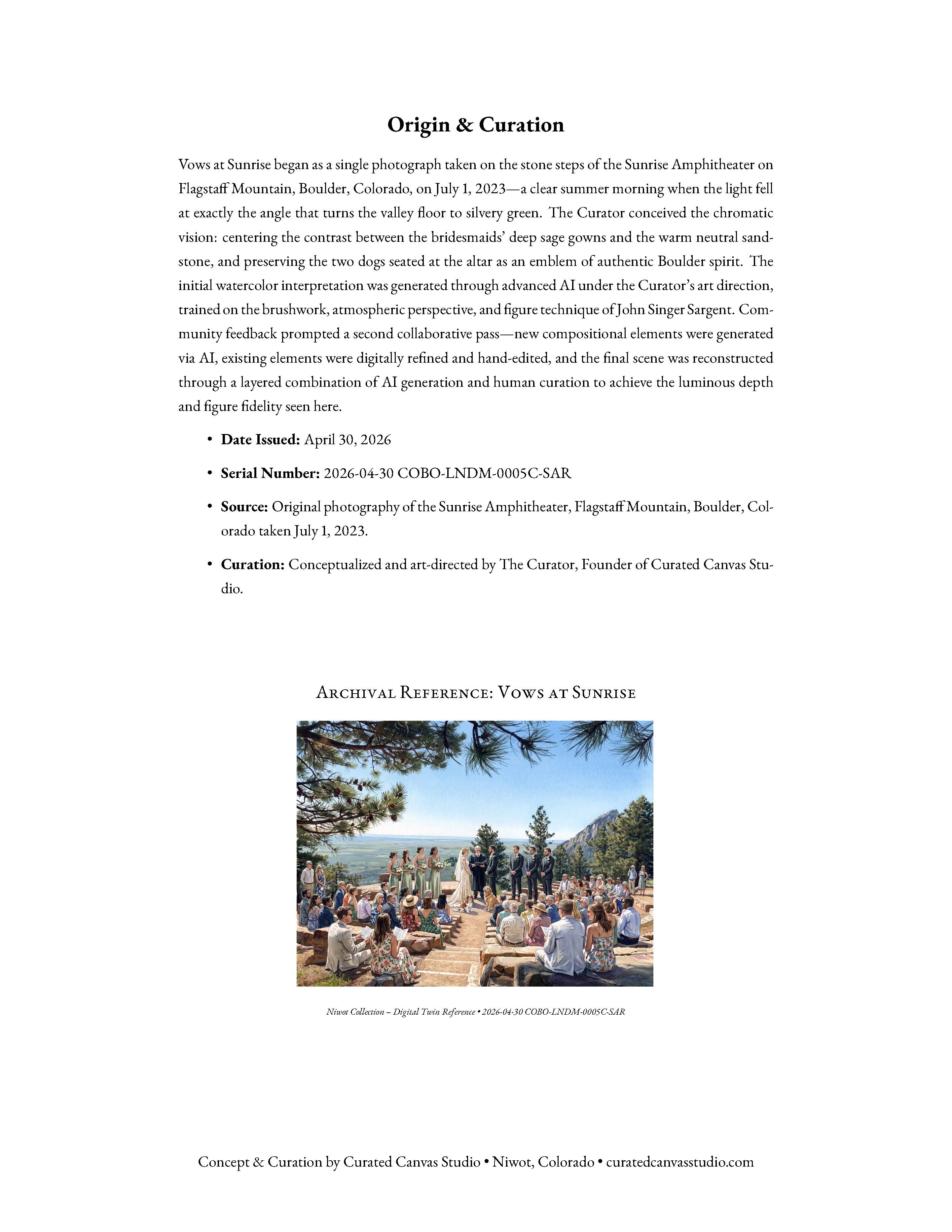 Artistic depiction of a wedding ceremony at mountain top amphitheater surrounded by trees and flowers.