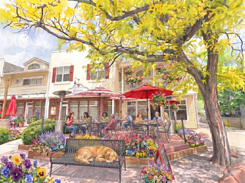 Digital Luminism watercolor of Cimmini's Italian Restaurant outdoor patio in Niwot, Colorado, rendered in the style of Alfred Sisley and Claude Monet, with red umbrellas, blooming flower beds, and diners enjoying a sunny afternoon.
