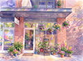Watercolor painting of the Canyon & Co storefront in Prospect New Town neighborhood of Longmont, Colorado, rendered in a Renoir-Monet Digital Luminism style with cascading hanging flower baskets and dappled afternoon light on red brick.