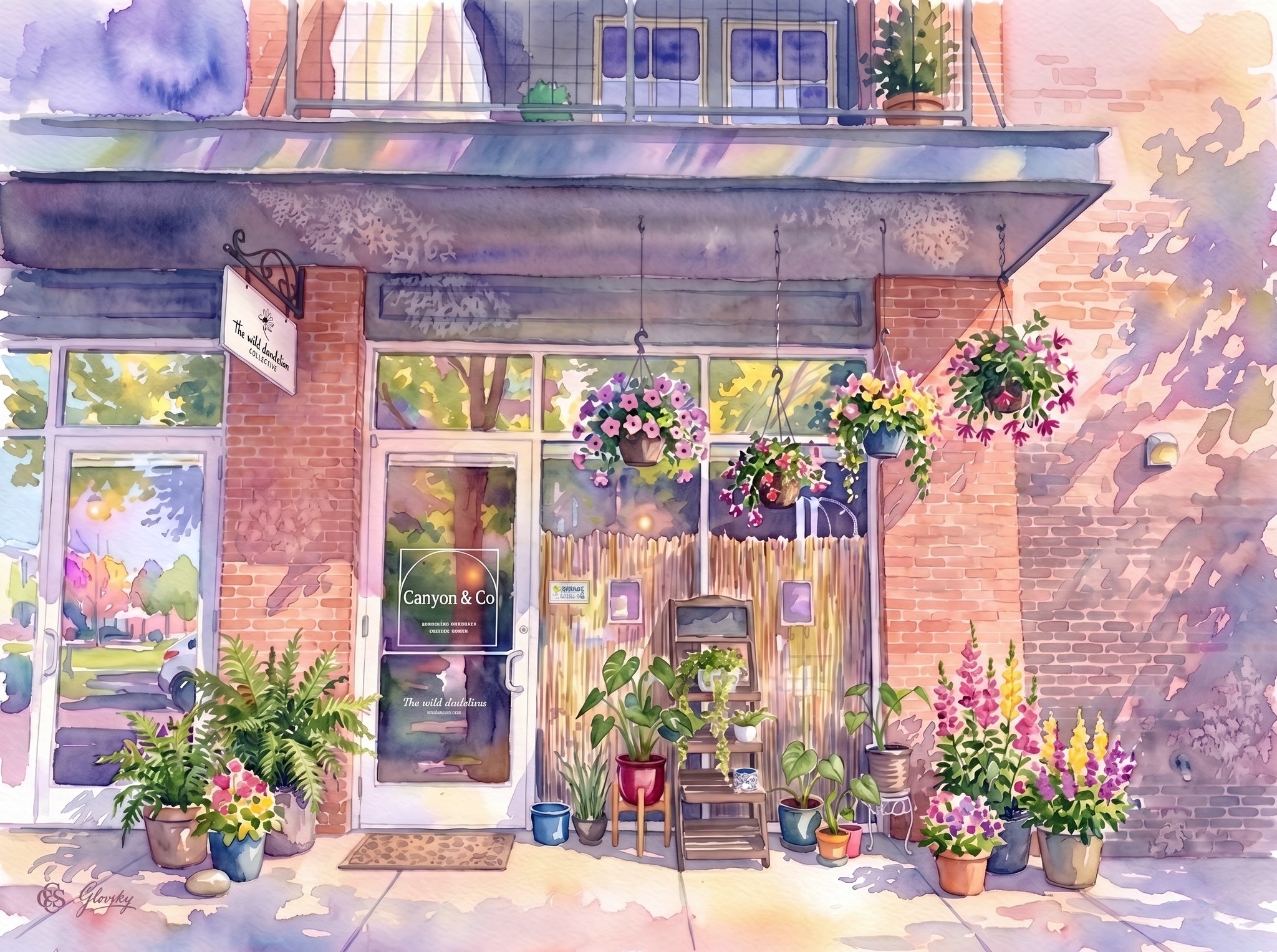 Watercolor painting of the Canyon & Co storefront in Prospect New Town neighborhood of Longmont, Colorado, rendered in a Renoir-Monet Digital Luminism style with cascading hanging flower baskets and dappled afternoon light on red brick.