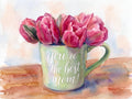 Renoir-style watercolor of pink tulips in a green "You're the Best Mom!" mug, rendered in soft feathered brushwork and warm opalescent light.