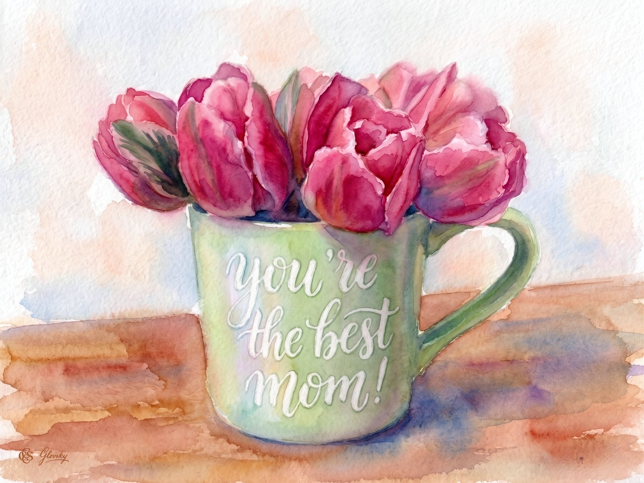 Renoir-style watercolor of pink tulips in a green "You're the Best Mom!" mug, rendered in soft feathered brushwork and warm opalescent light.