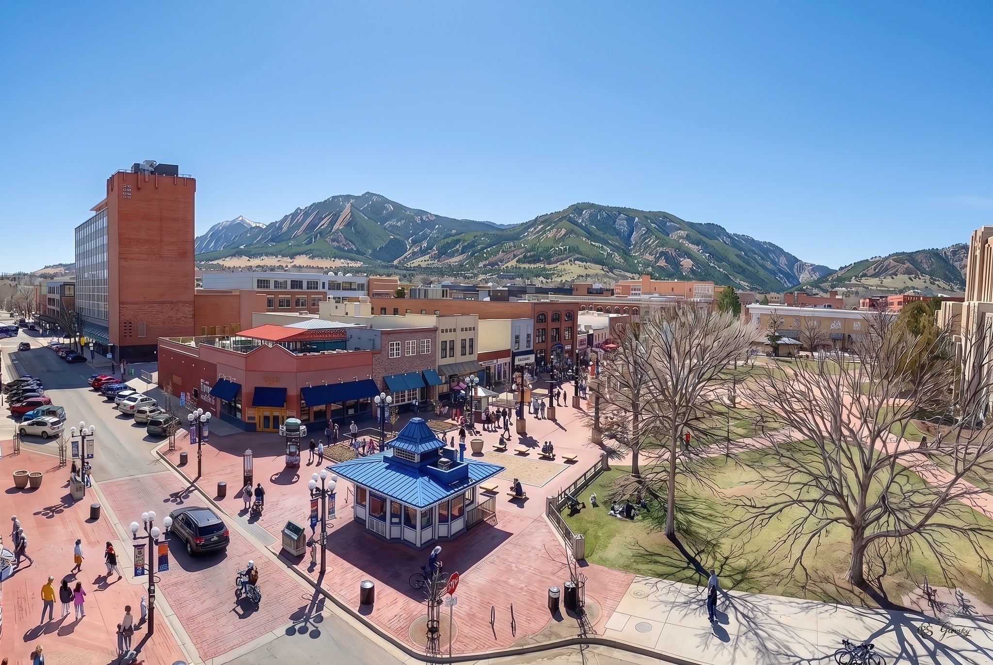 A Digital Luminism watercolor of Pearl Street Mall, Boulder, Colorado rendered in the combined styles of Renoir and Sargent, with the Flatirons rising beneath a brilliant blue sky.