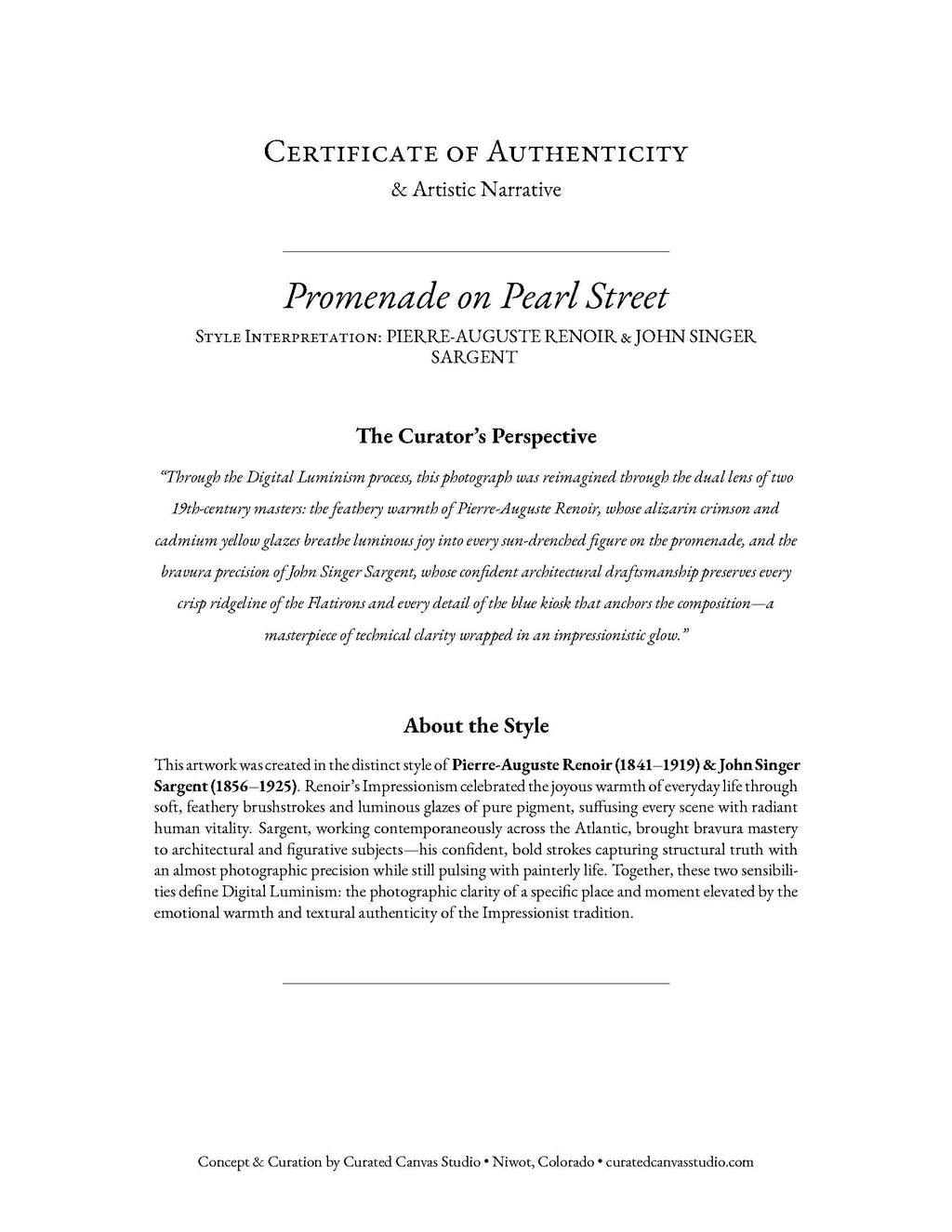 Certificate of Authenticity for an artistic piece titled 'Promenade on Pearl Street' by Pierre-Auguste Renoir and John Singer Sargent.