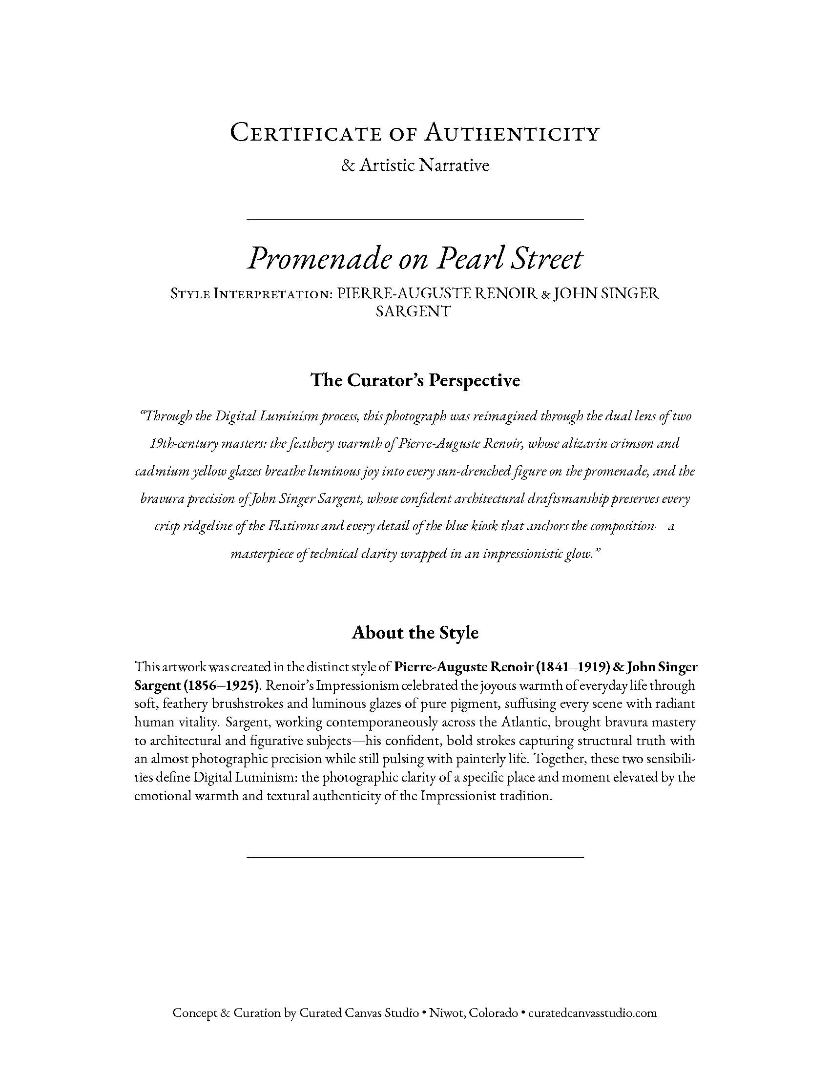 Certificate of Authenticity for an artistic piece titled 'Promenade on Pearl Street' by Pierre-Auguste Renoir and John Singer Sargent.