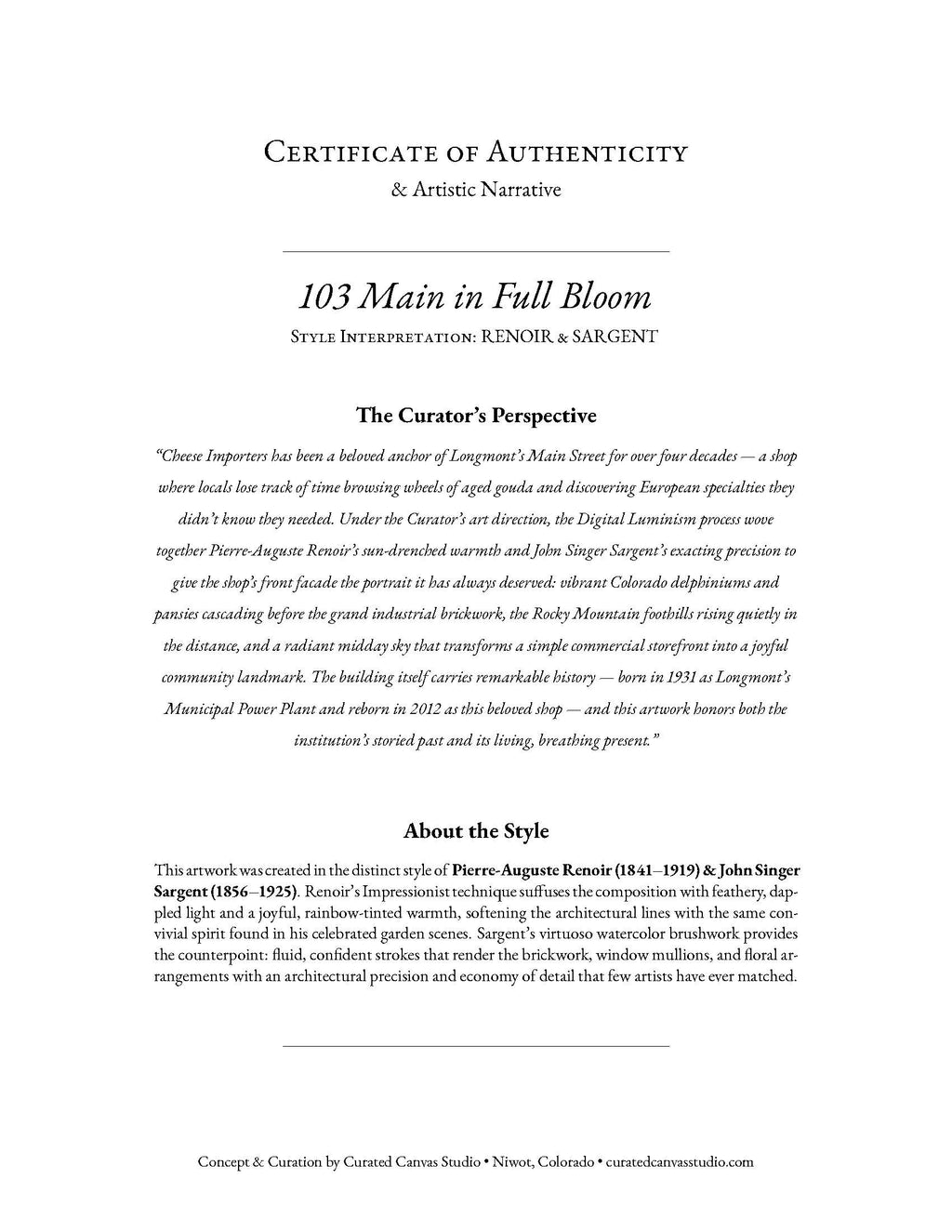 Certificate of Authenticity for '103 Main in Full Bloom' with artistic narrative and curator's perspective.