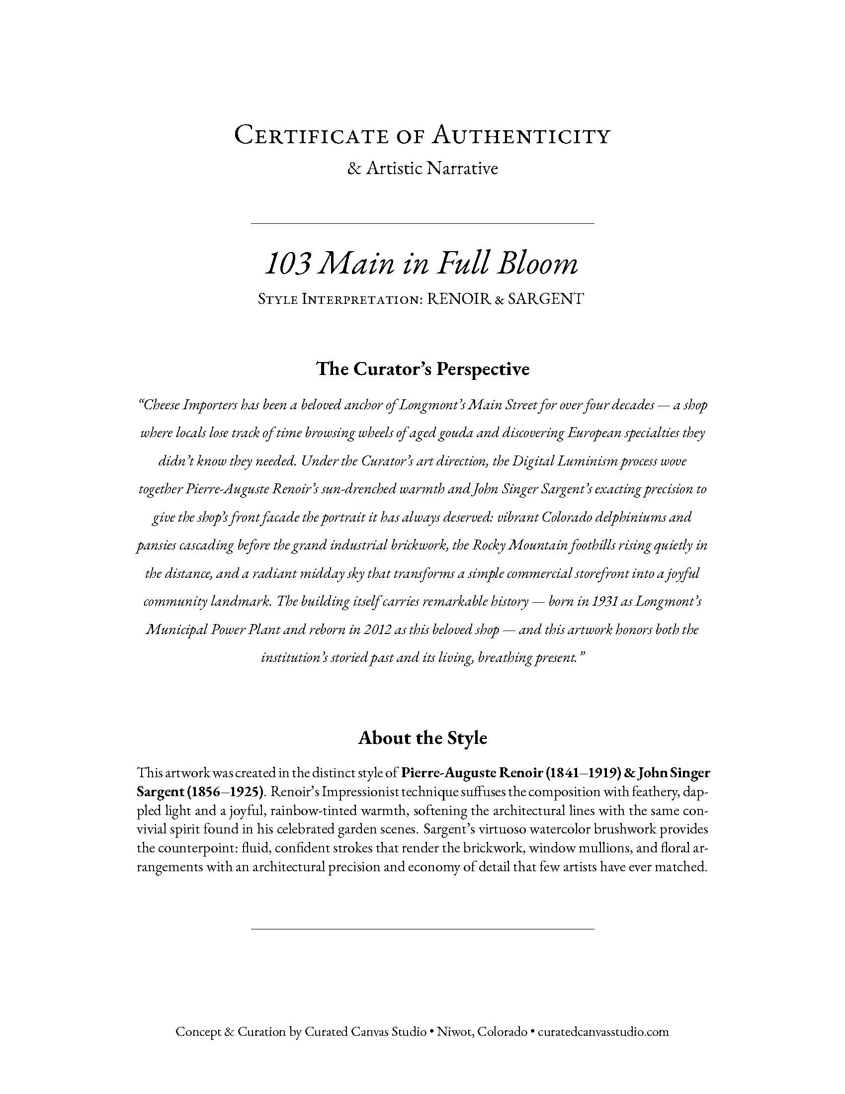 Certificate of Authenticity for '103 Main in Full Bloom' with artistic narrative and curator's perspective.