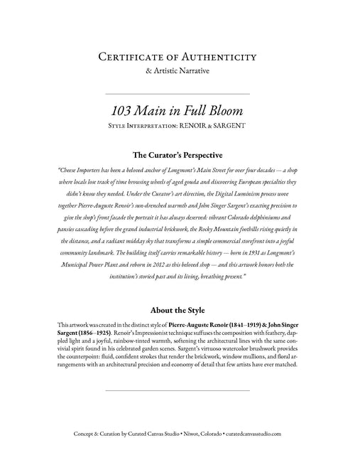 Certificate of Authenticity for '103 Main in Full Bloom' with artistic narrative and curator's perspective.