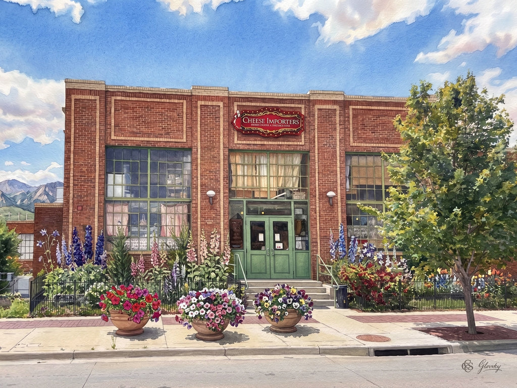 A Digital Luminism watercolor of Cheese Importers at 103 Main Street, Longmont, Colorado, rendered in the combined styles of Renoir and Sargent with vibrant Colorado wildflowers and a brilliant blue Rocky Mountain sky.