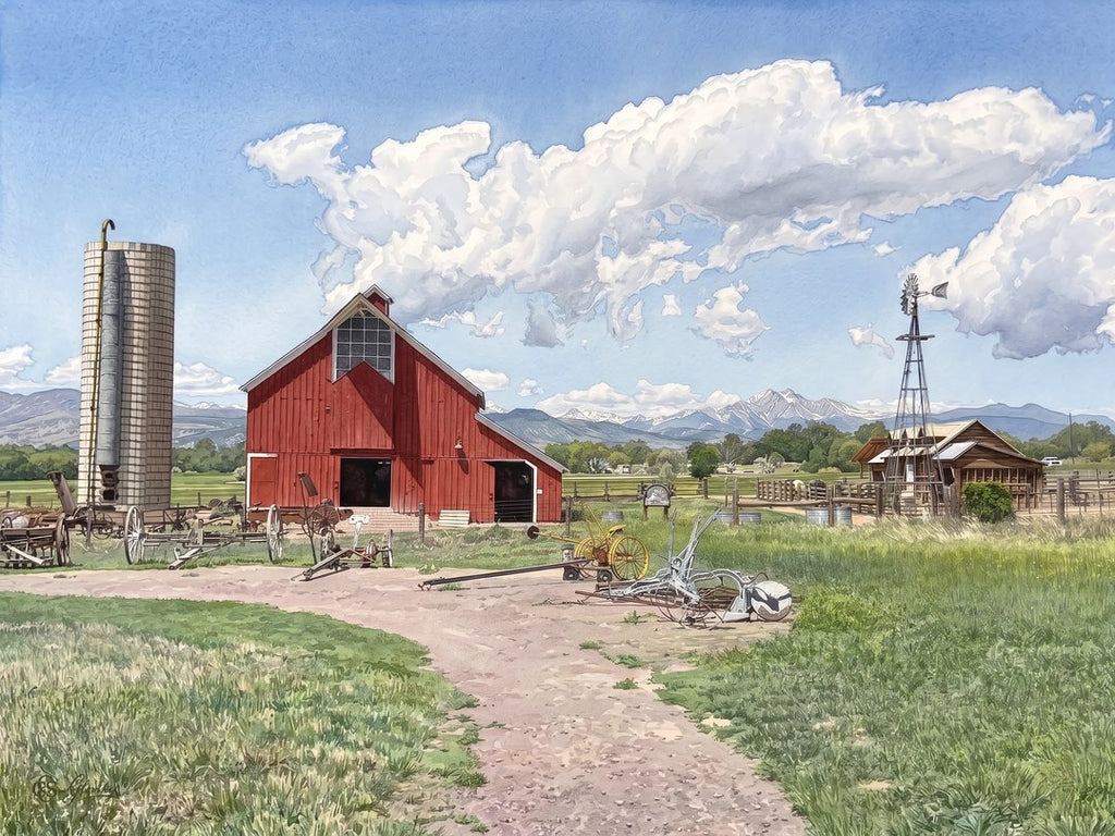 Impressionist-style Digital Luminism watercolor of the red Heritage Barn at the Agricultural Heritage Center in Longmont, Colorado, with Long's Peak, vintage farm equipment, and dramatic cumulus clouds rendered in the combined style of Sisley and Sargent.
