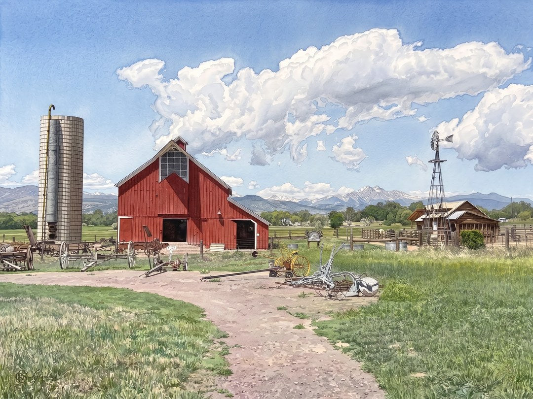 Impressionist-style Digital Luminism watercolor of the red Heritage Barn at the Agricultural Heritage Center in Longmont, Colorado, with Long's Peak, vintage farm equipment, and dramatic cumulus clouds rendered in the combined style of Sisley and Sargent.