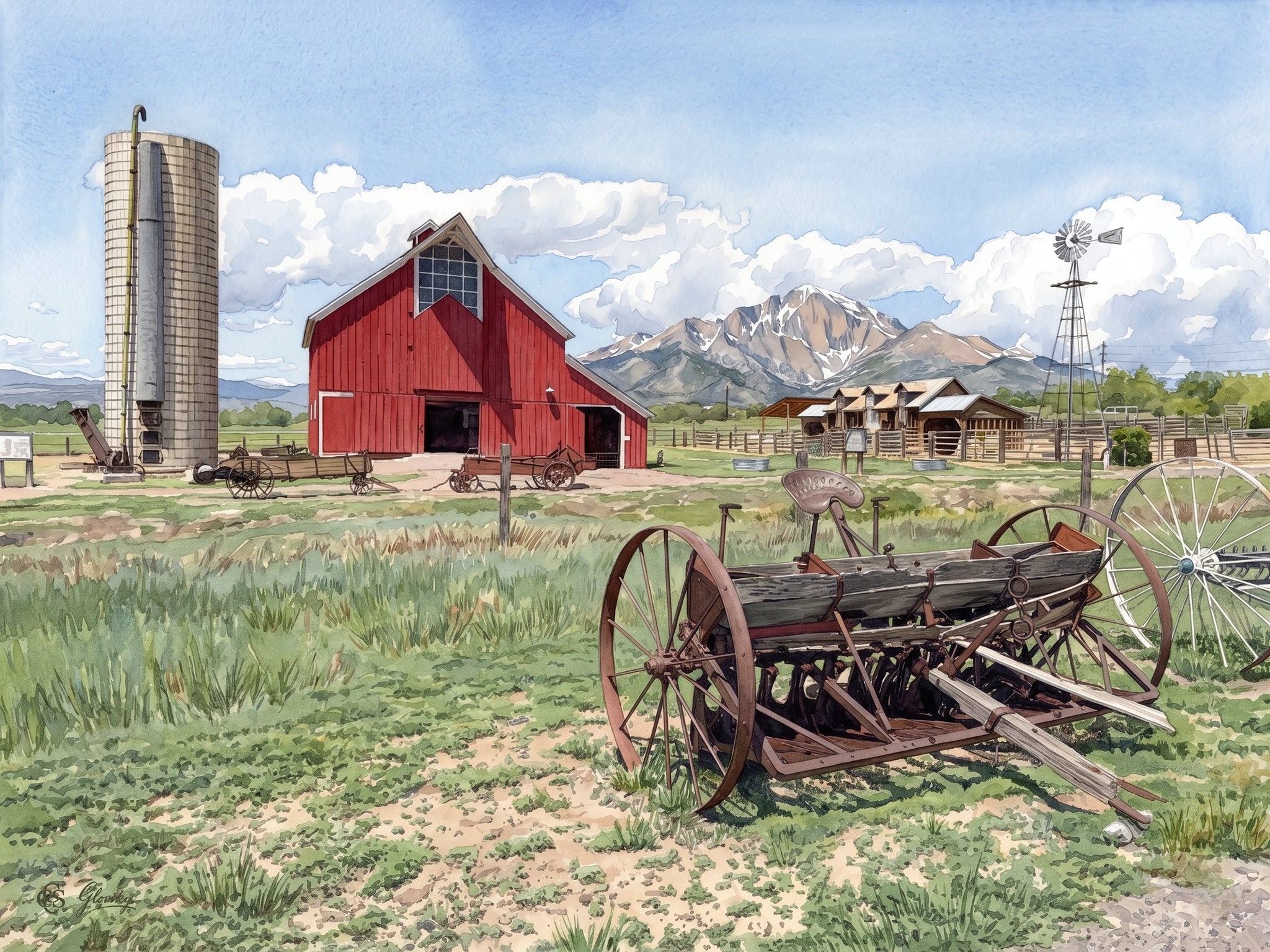 Impressionist-style Digital Luminism watercolor of an antique rusted cultivator in the foreground at the Agricultural Heritage Center in Longmont, Colorado, with the Heritage Barn, windmill, and Long's Peak rendered in the combined style of Renoir and Sargent.